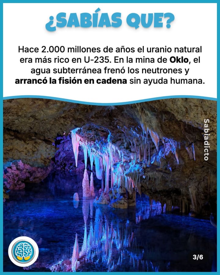 Hace 2.000 millones de años el uranio natural era más rico en U-235. En la mina de Oklo, el agua subterránea frenó los neutrones y arrancó la fisión en cadena sin ayuda humana.