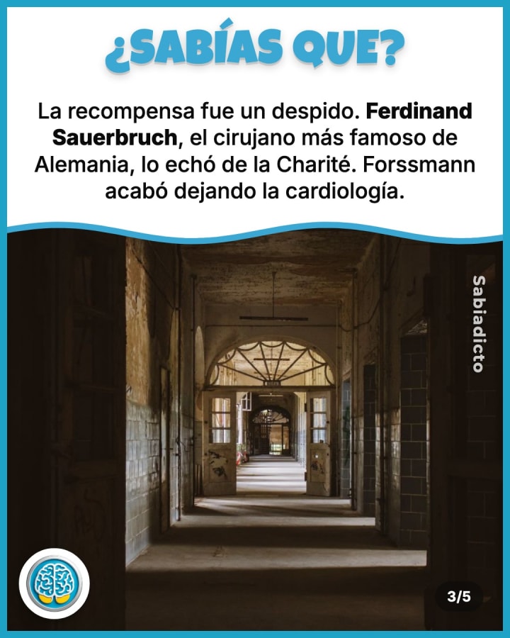 La recompensa fue un despido. Ferdinand Sauerbruch, el cirujano más famoso de Alemania, lo echó de la Charité. Forssmann acabó dejando la cardiología.