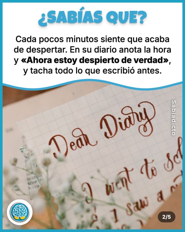 Cada pocos minutos siente que acaba de despertar. En su diario anota la hora y «Ahora estoy despierto de verdad», y tacha todo lo que escribió antes.