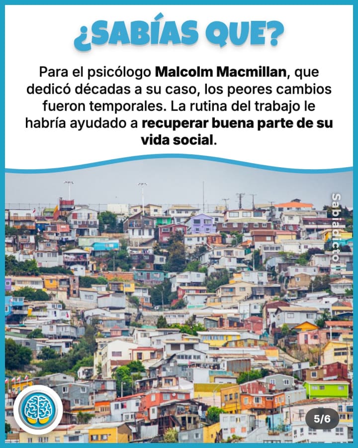 Para el psicólogo Malcolm Macmillan, que dedicó décadas a su caso, los peores cambios fueron temporales. La rutina del trabajo le habría ayudado a recuperar buena parte de su vida social.