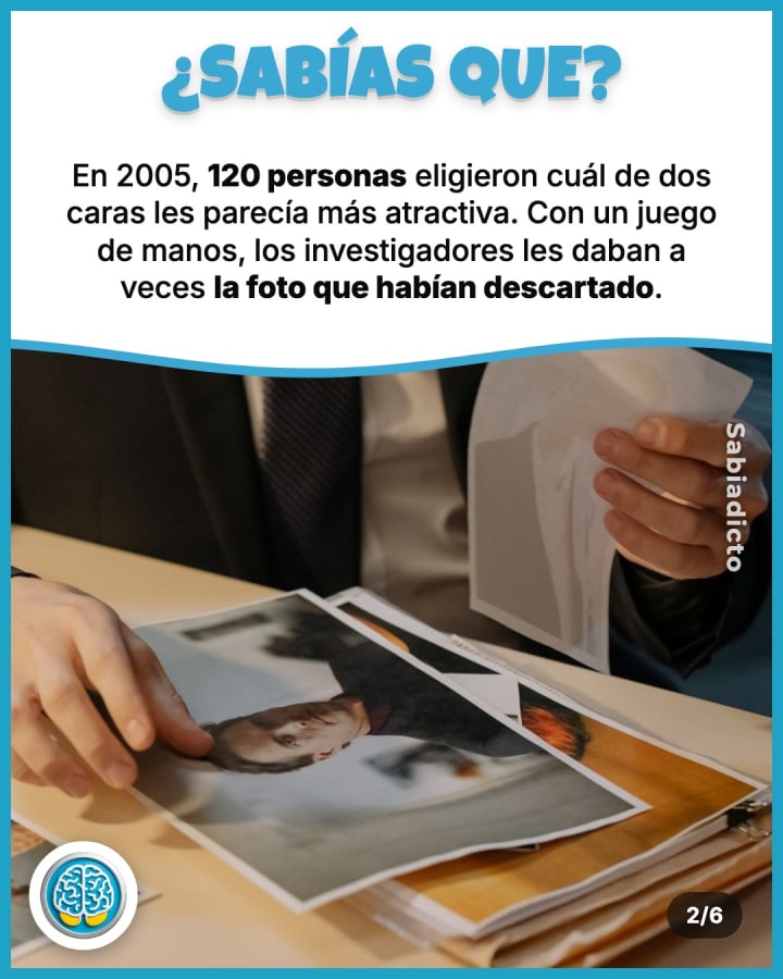 En 2005, 120 personas eligieron cuál de dos caras les parecía más atractiva. Con un juego de manos, los investigadores les daban a veces la foto que habían descartado.