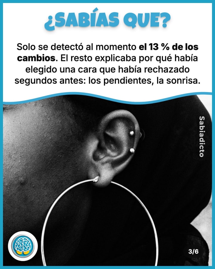 Solo se detectó al momento el 13 % de los cambios. El resto explicaba por qué había elegido una cara que había rechazado segundos antes: los pendientes, la sonrisa.