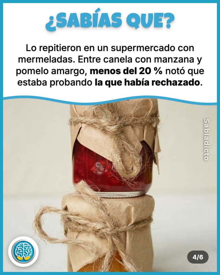Lo repitieron en un supermercado con mermeladas. Entre canela con manzana y pomelo amargo, menos del 20 % notó que estaba probando la que había rechazado.
