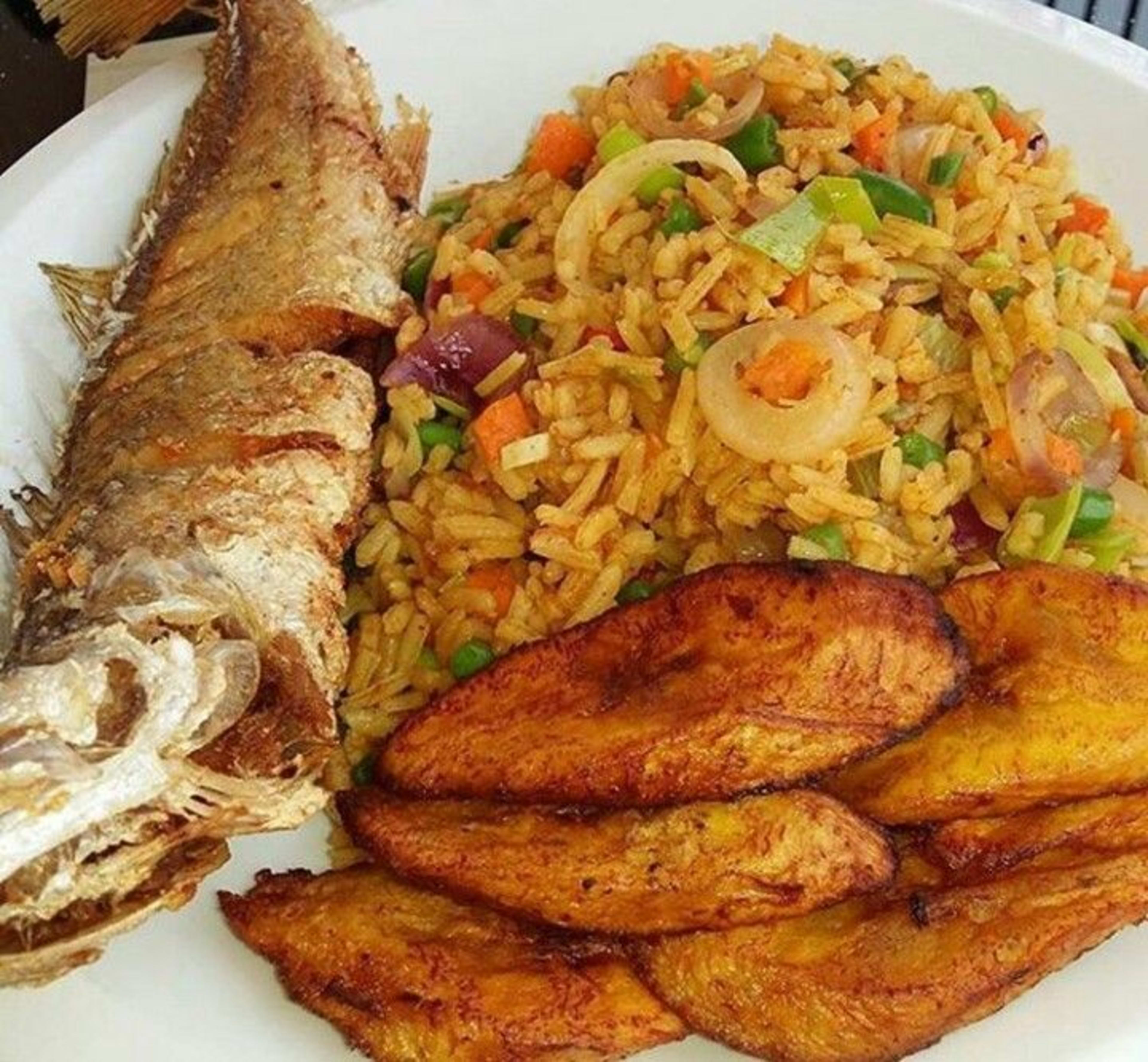 Small Tilapia with Jollof Rice and plantain