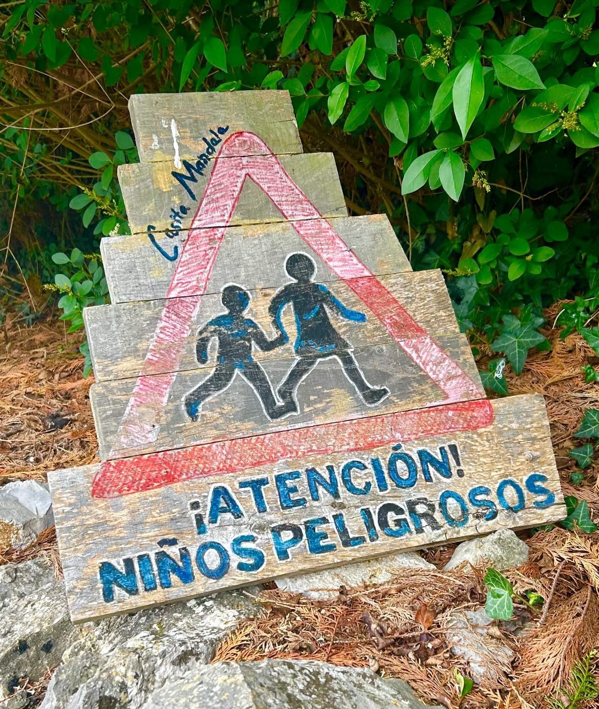 Cartel de 'Cuidado, niños peligrosos' en un camino