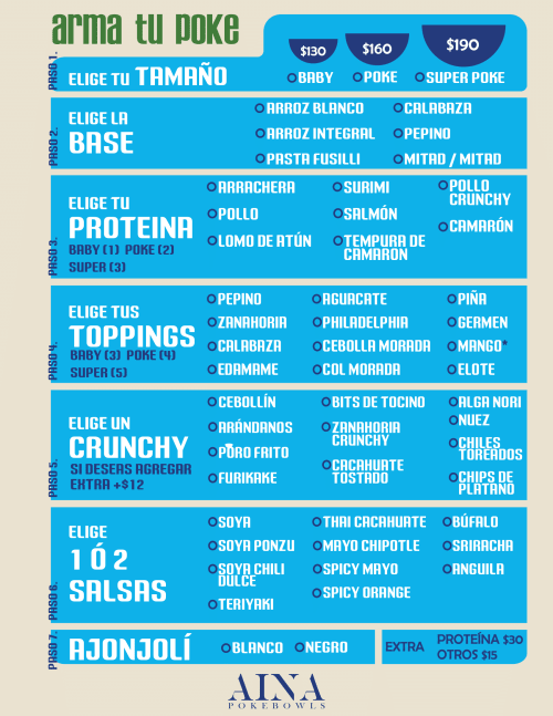 Menú de Aina Pokebowls, página 1