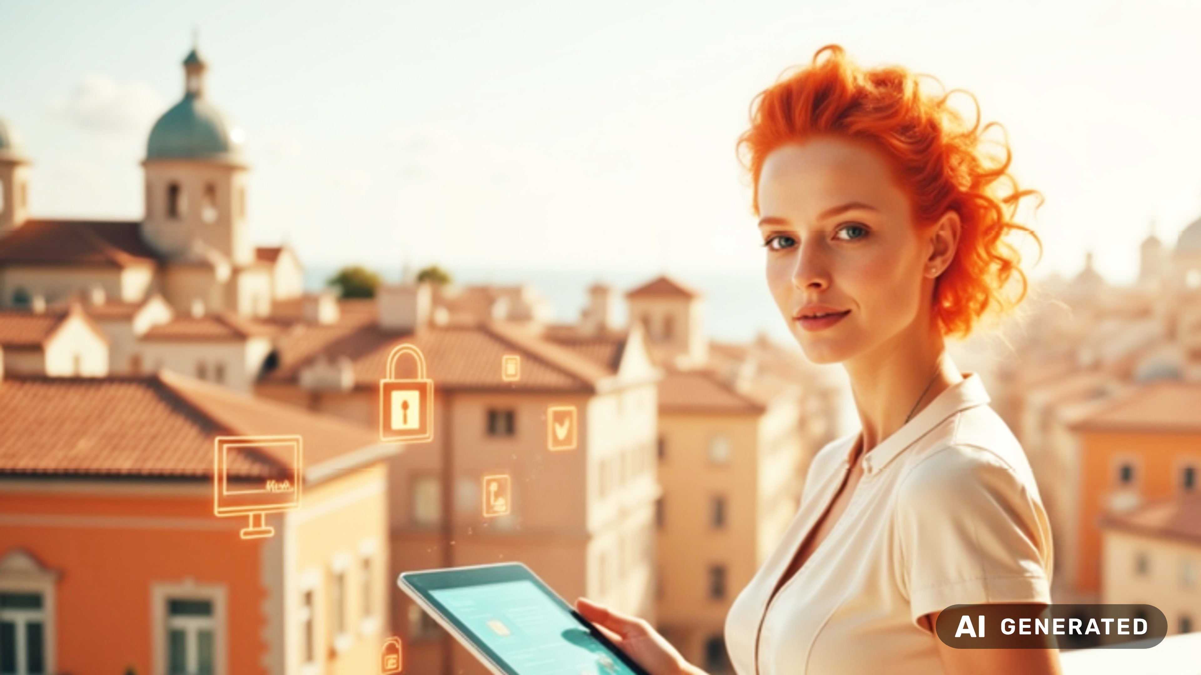 Rothaarige Frau mit einem Tablet in der Hand auf einem Balkon vor der Silhouette einer mediterranen Stadt.