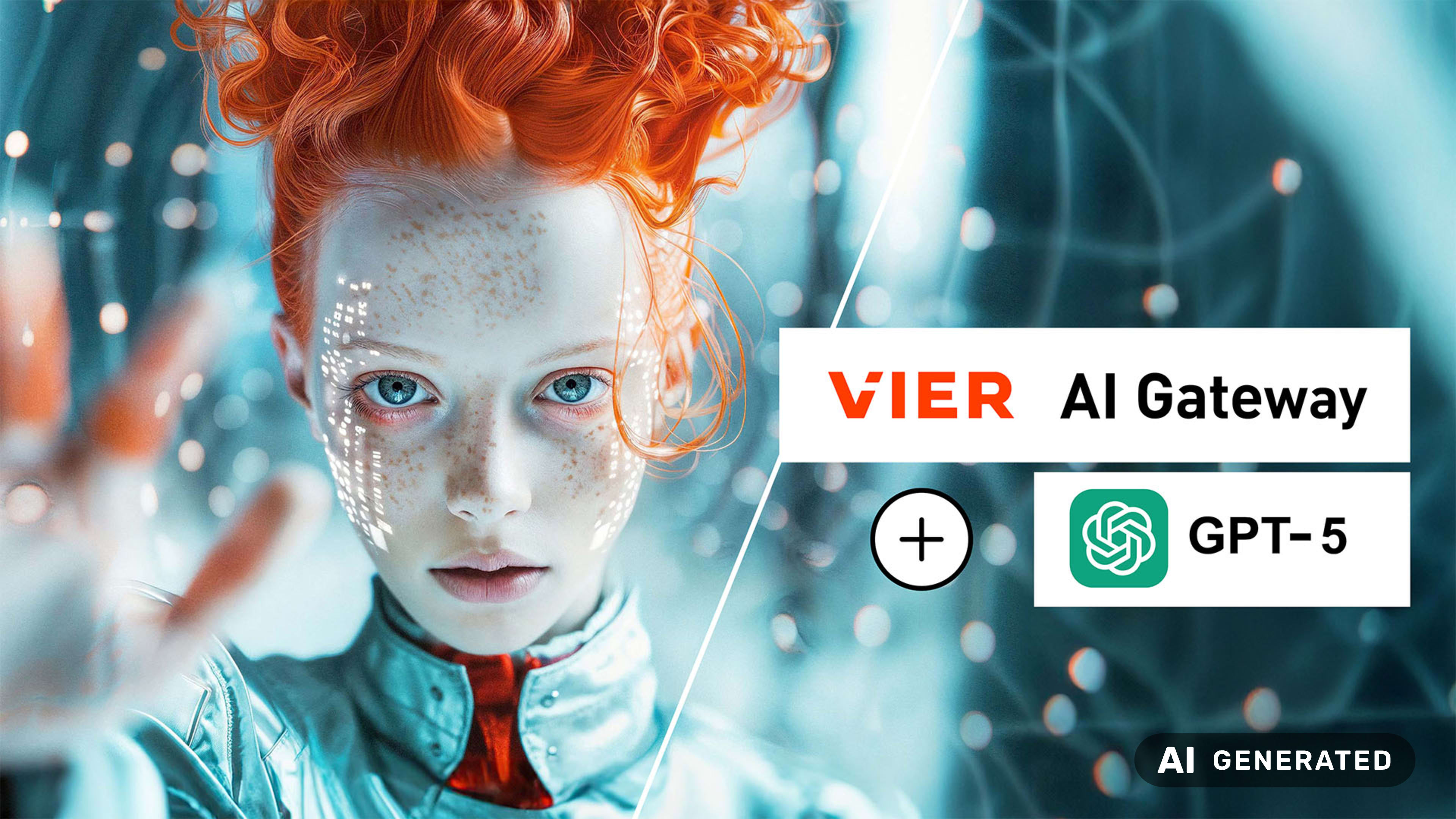 Image of a woman with red hair in front of a blue background, surrounded by abstract visual elements. Next to her, the logos of VIER AI Gateway and GPT-5 are connected by a plus sign.