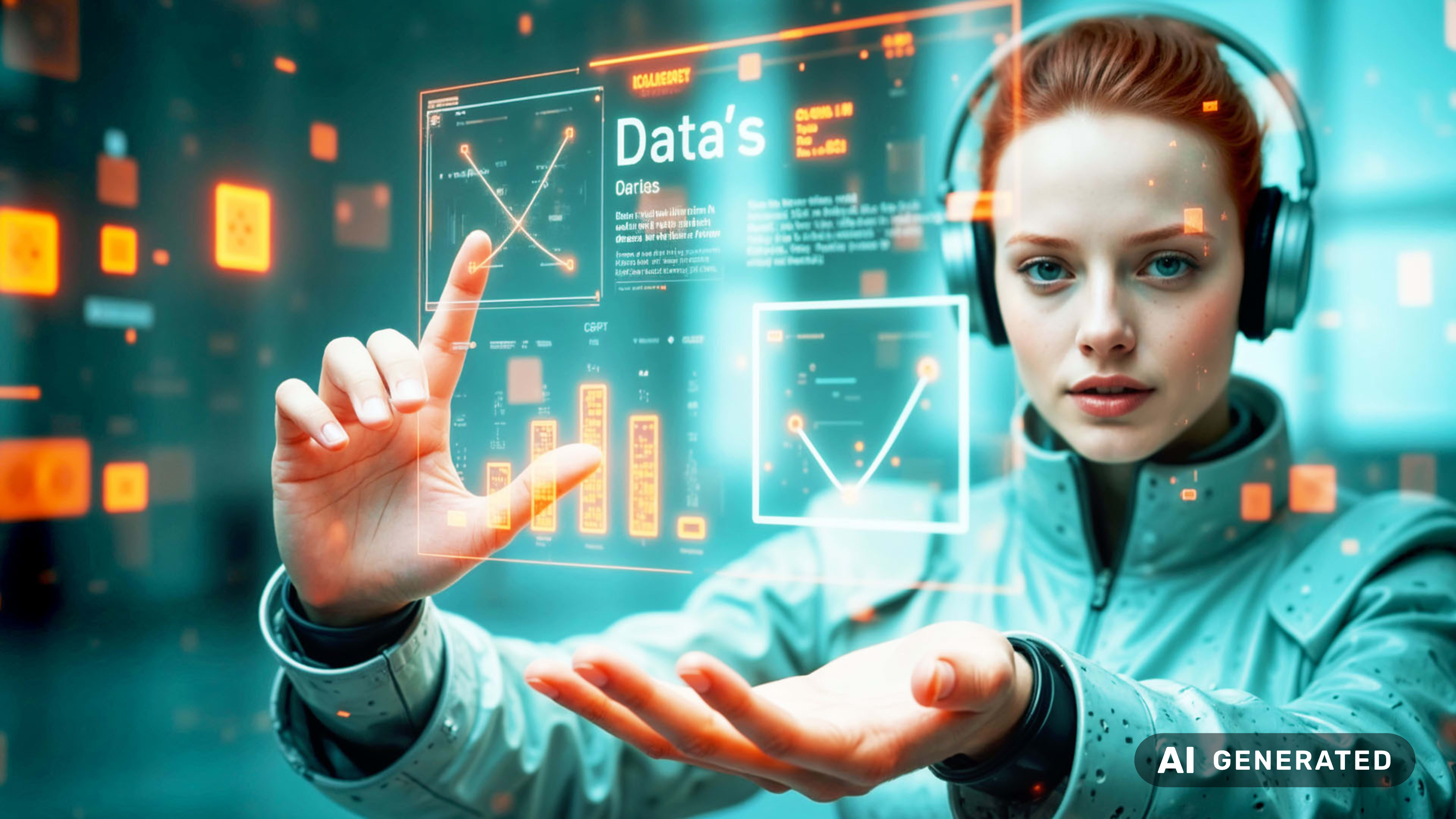 Eine Frau mit Kopfhörern interagiert mit einem schwebenden, transparenten Bildschirm, der Datenvisualisierungen zeigt.
