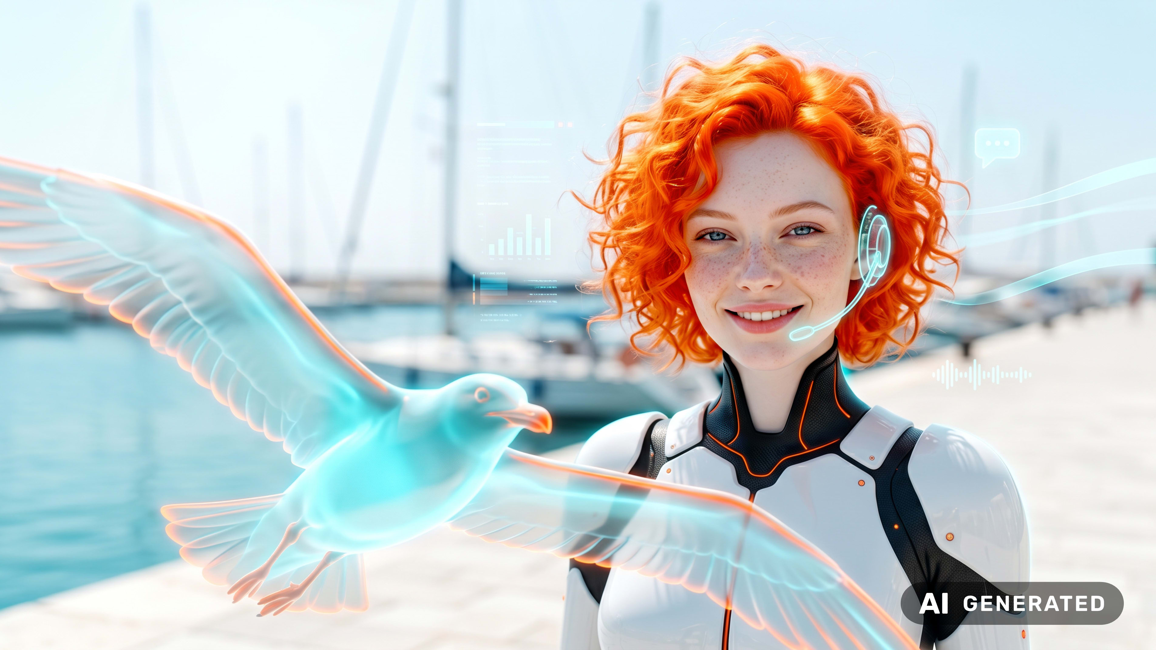 Eine lächelnde Frau mit roten Locken und Headset steht neben einer leuchtenden Möwe vor einem Hafen mit Booten.