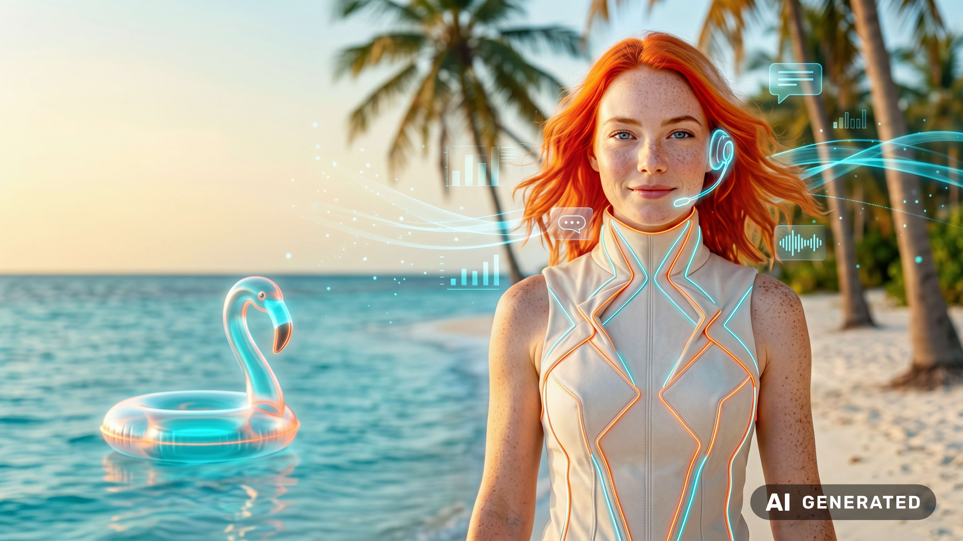 Eine rothaarige Frau mit Headset und futuristischer Kleidung steht am Strand, umgeben von digitalen Elementen.