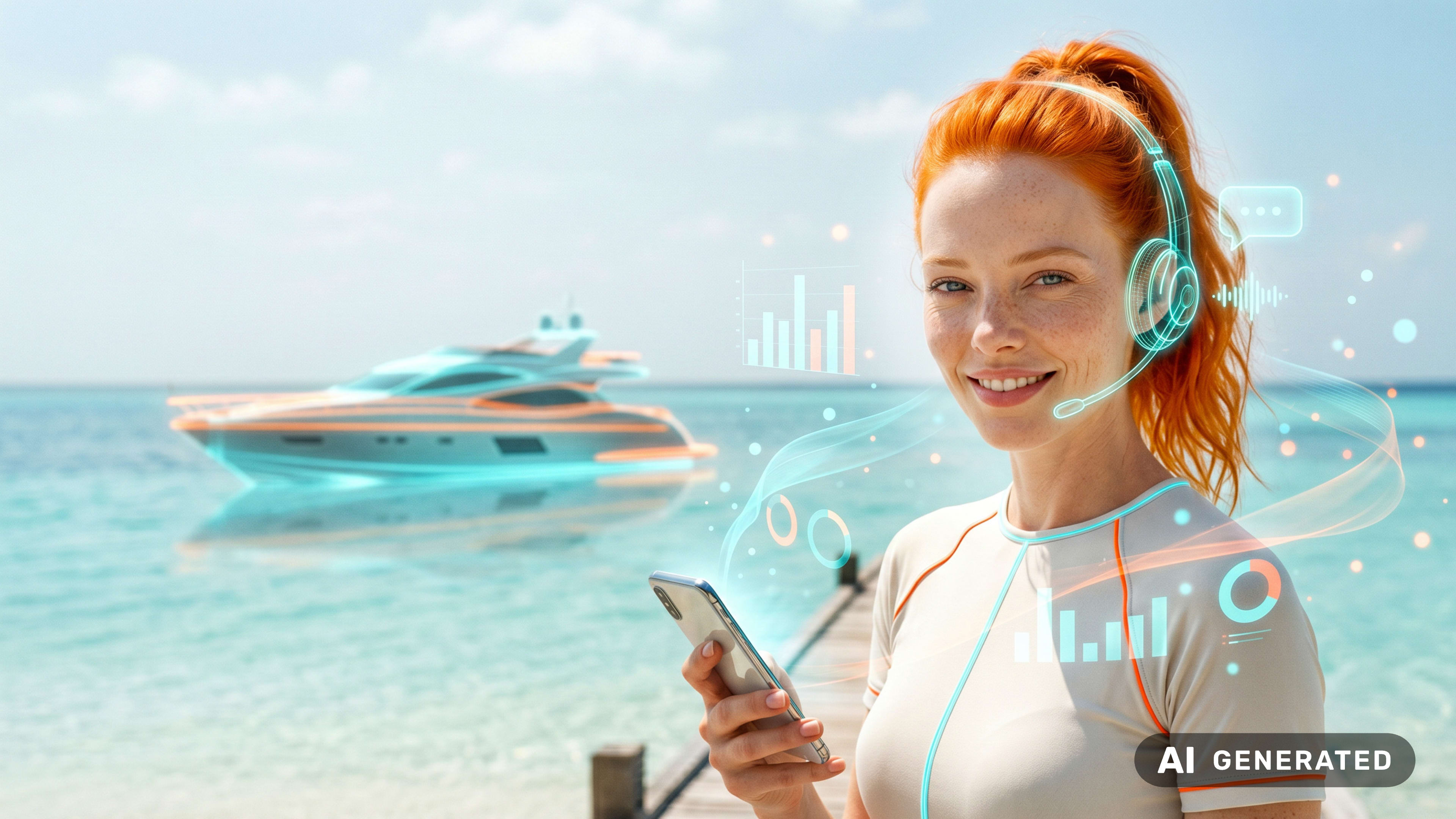 Eine lächelnde Frau mit roten Haaren und Headset hält ein Smartphone vor einem Boot auf dem Meer mit schwebenden Hologrammen.