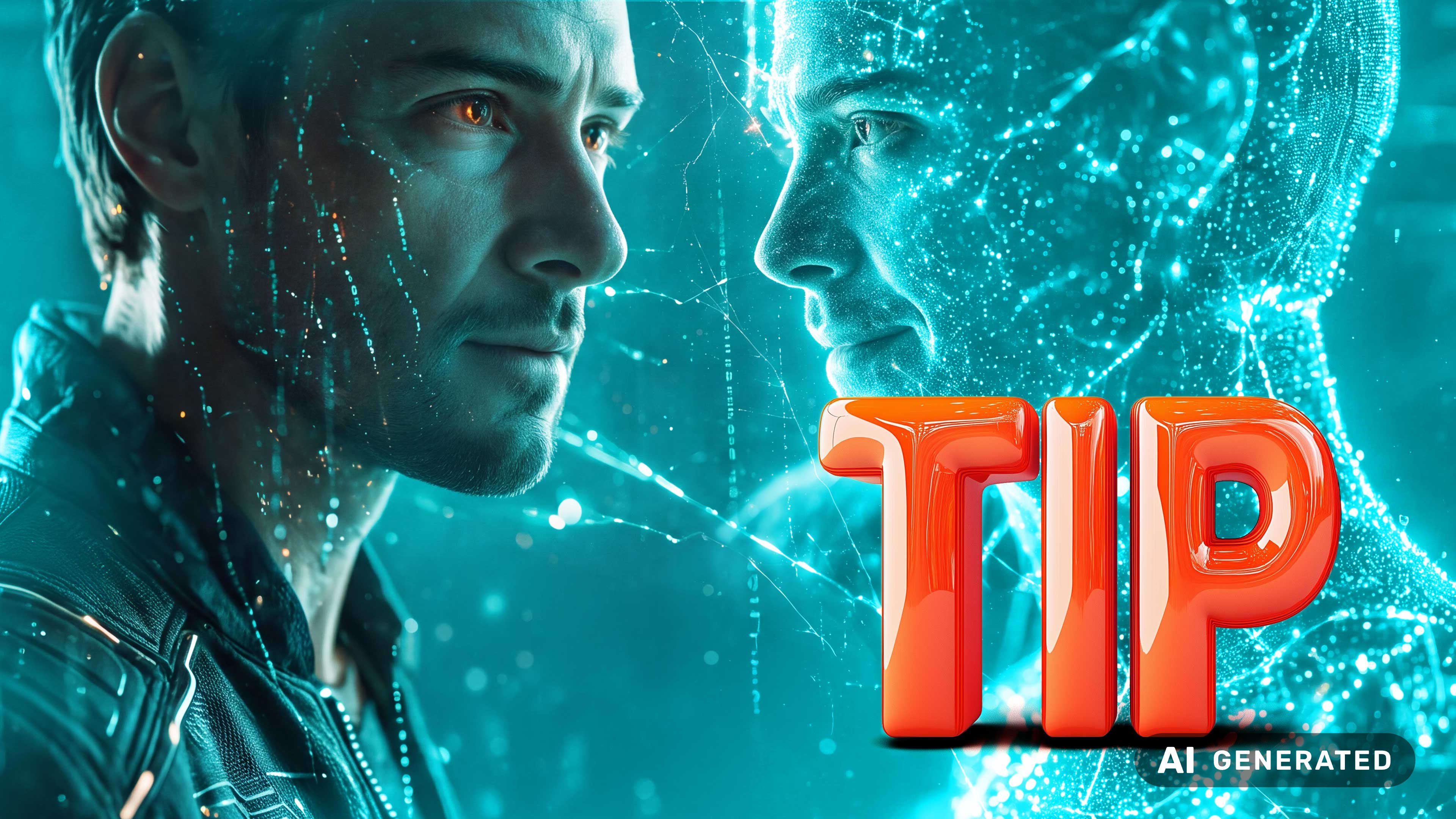 A man with glowing red eyes faces a digital apparition against a background of glowing blue particles and the word "TIP".