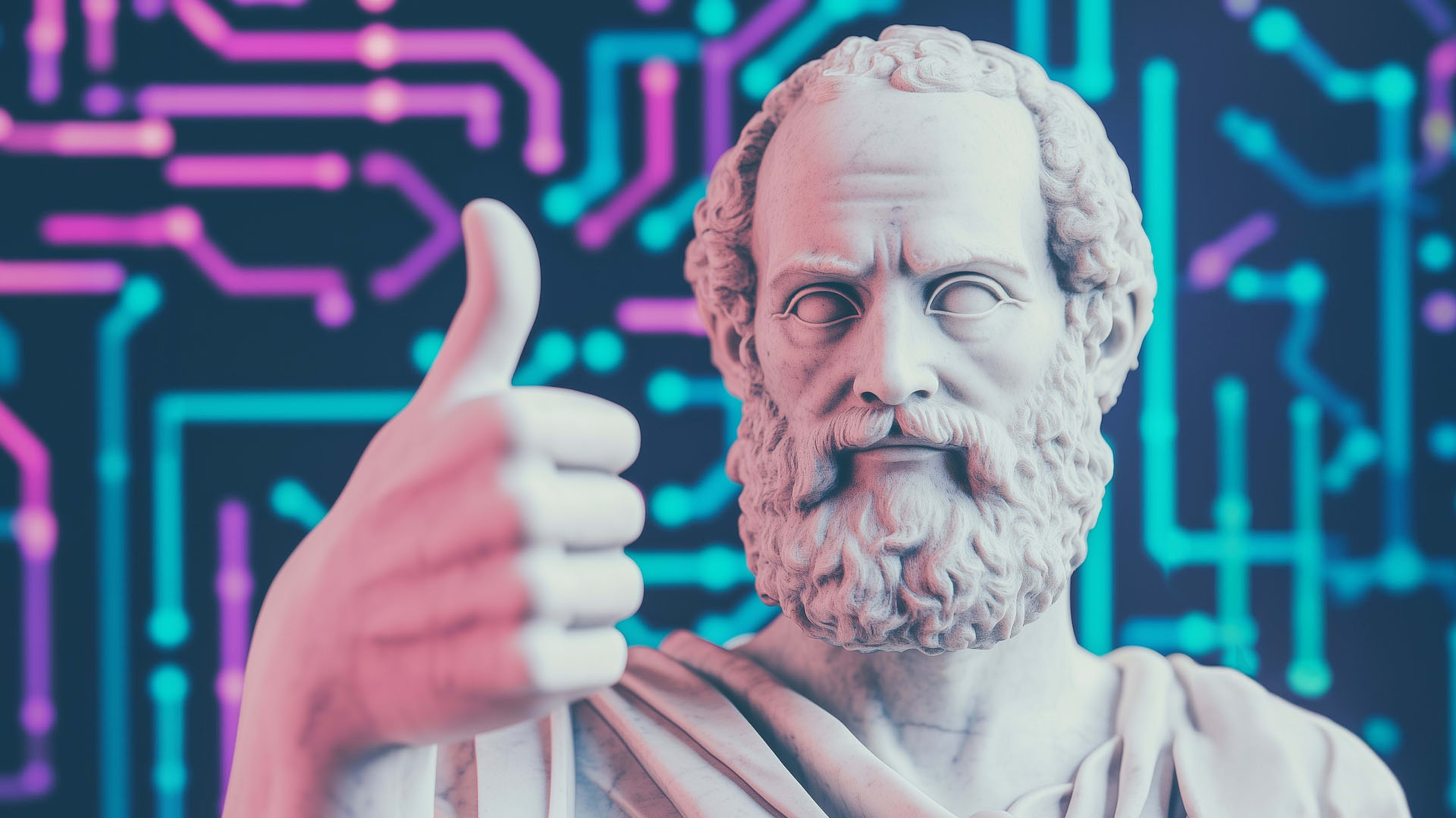 Marble statue of a man with his thumb up in front of a background in neon colors, symbolizing ai.