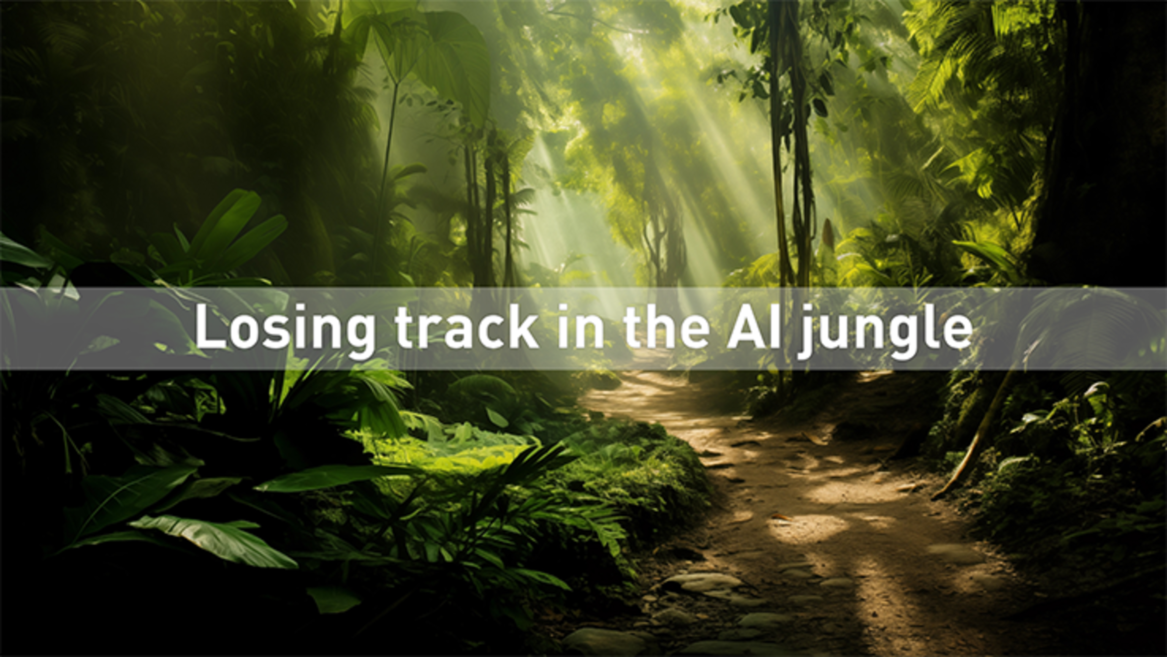A lush, verdant jungle path winds through the dense foliage, with sunlight filtering through the canopy and casting a warm, ethereal glow over the scene.