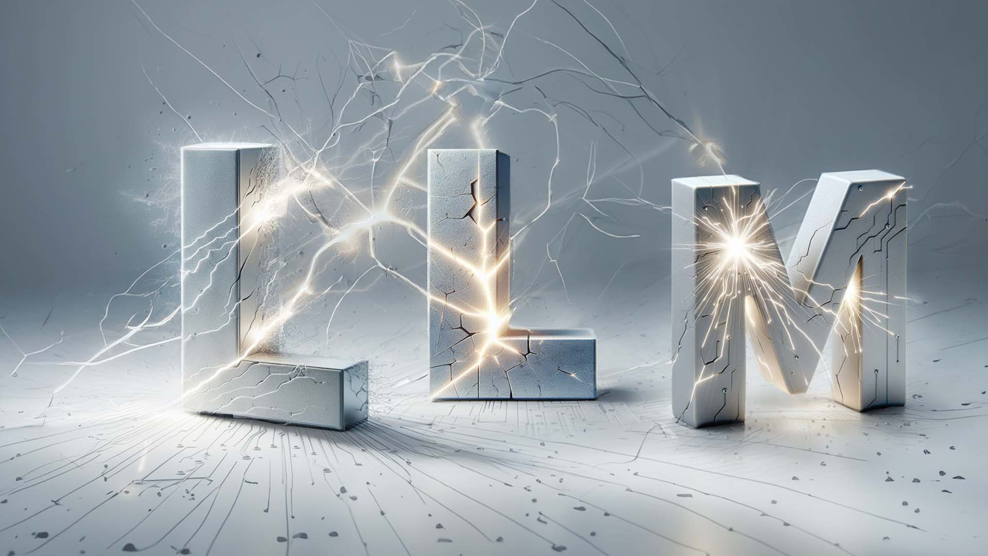 Letters LLM stand in front of a grey background, lightning strikes are highlighting the letters