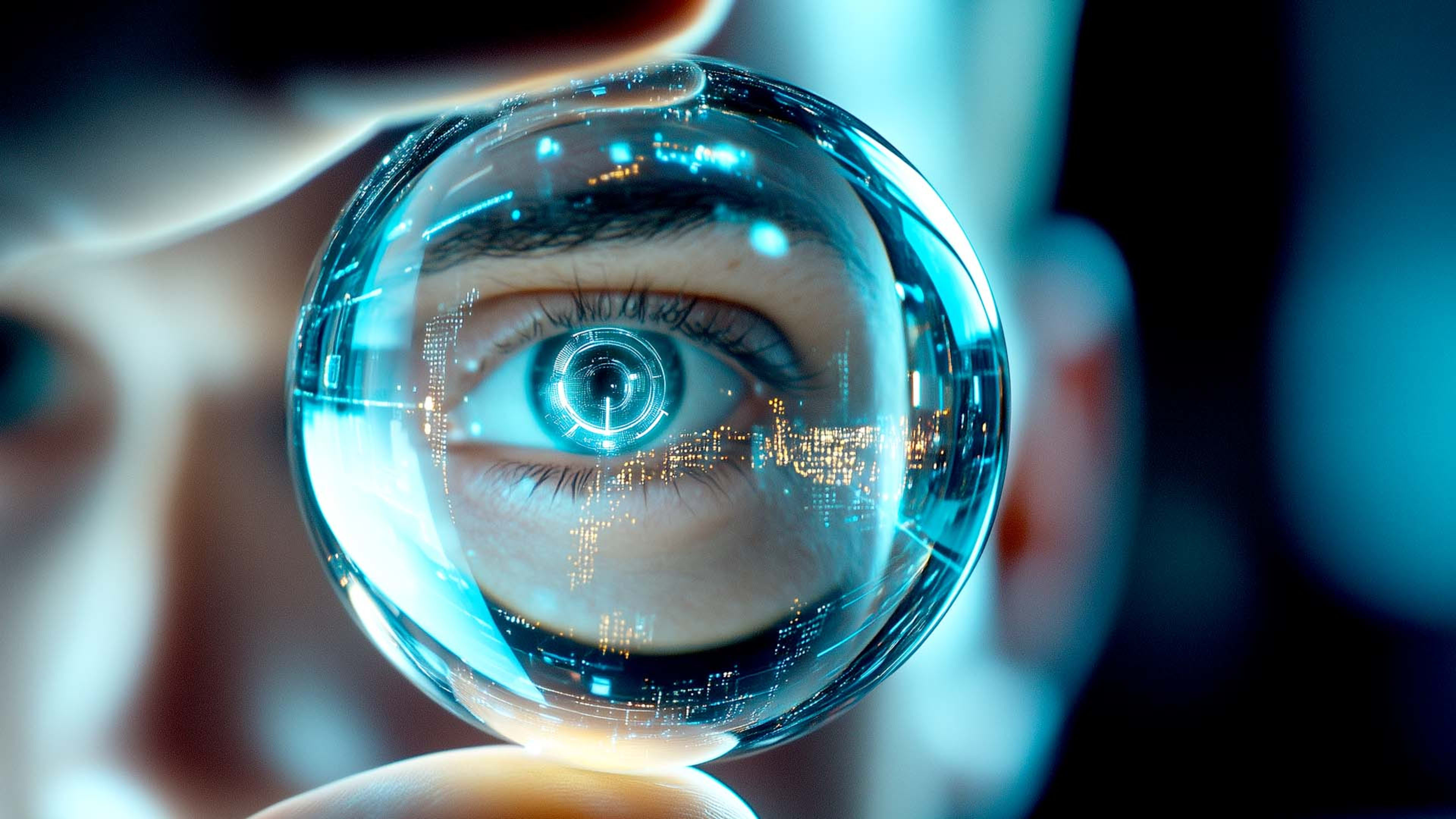 Menschliches Auge, das durch eine Glaskugel schaut