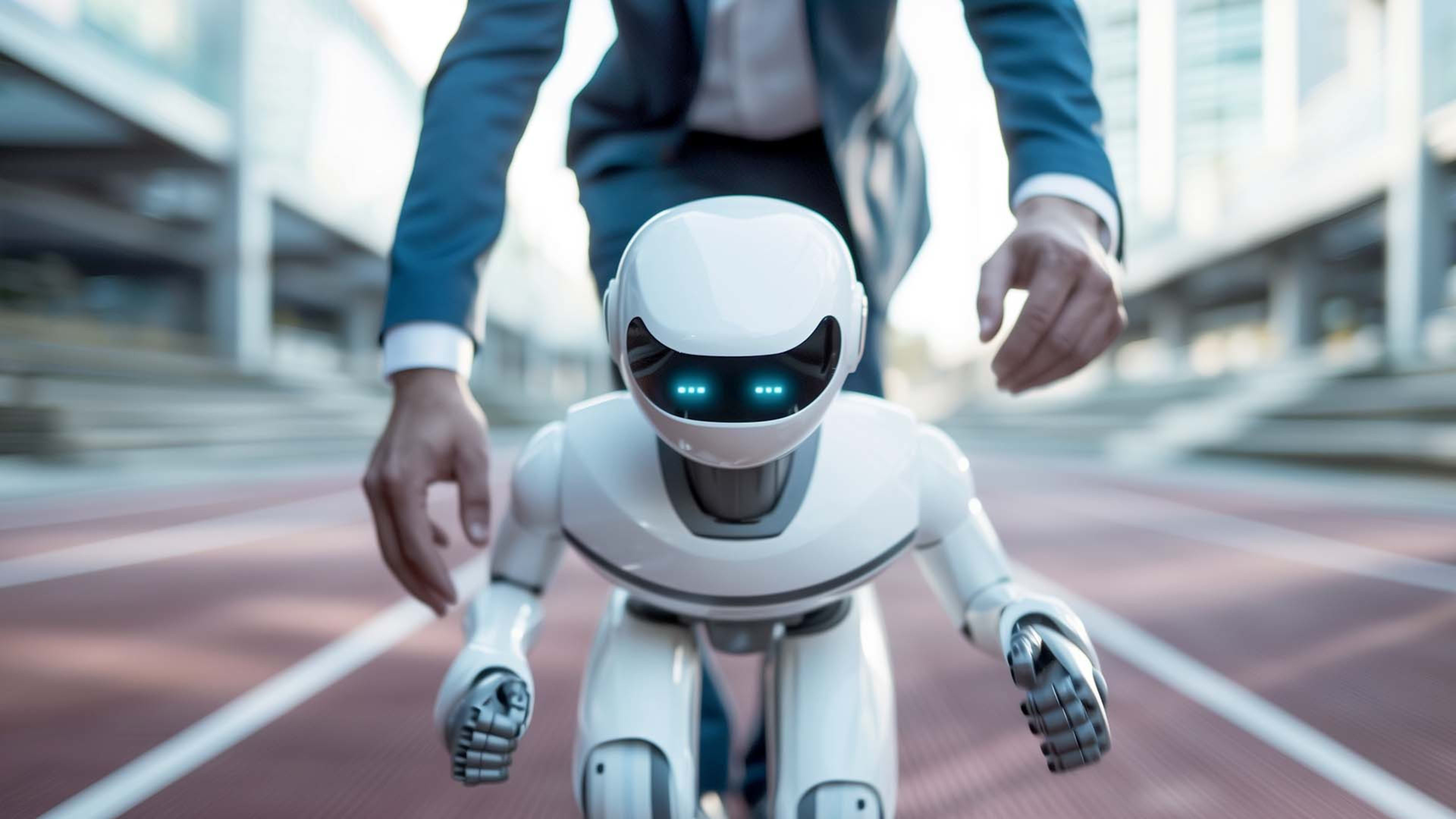 Ein humanoider Roboter vor einem Mann im Anzug, die sich auf die Kamera zu bewegen