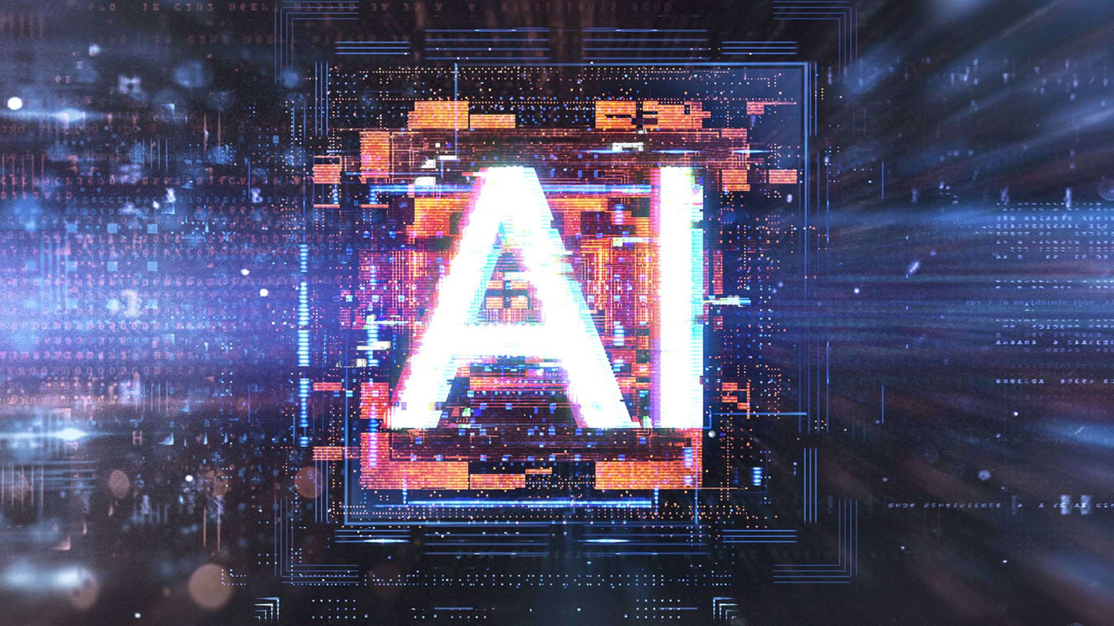 Large illuminated letters "AI" on a complex, digital-looking background with various geometric shapes and patterns in shades of blue, white and orange.