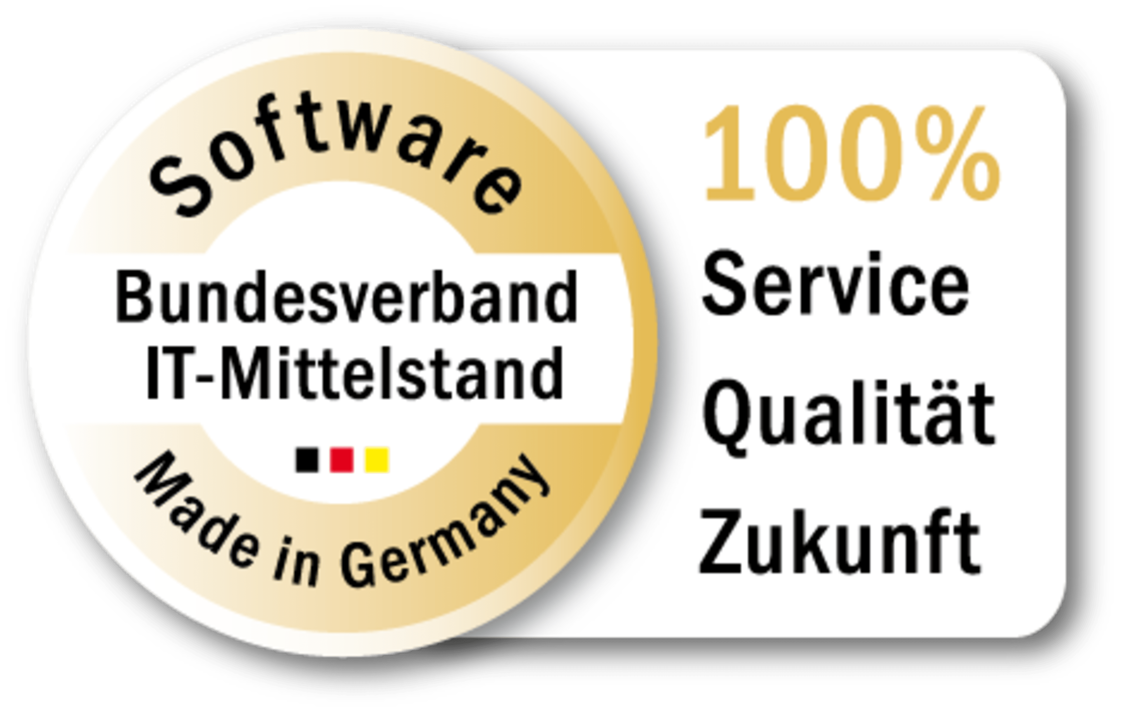 Zertifikat, das eine runde Plakette mit den Texten „Bundesverband IT-Mittelstand“, „Software made in Germany“ und „100% Service, Qualität, Zukunft“ sowie die deutsche Flagge zeigt.