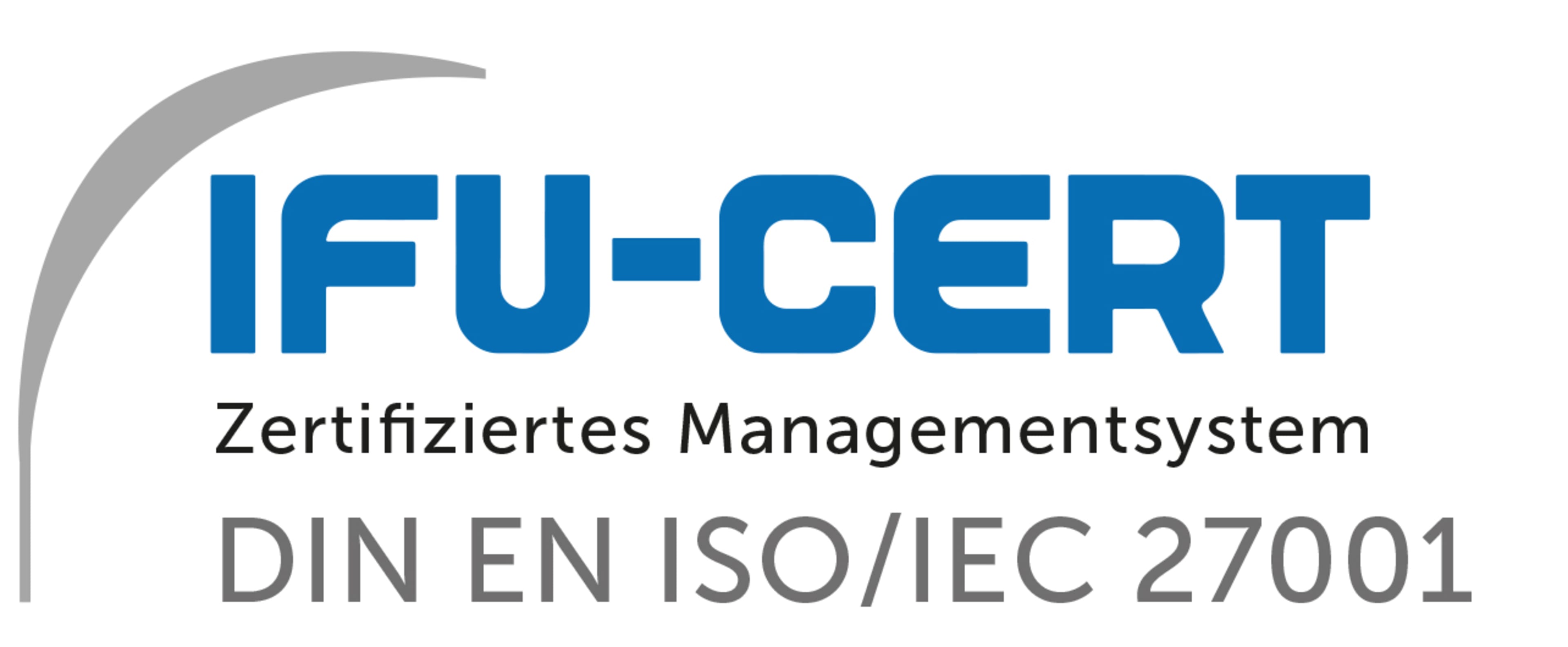 Ein Logo, das in fetten blauen Lettern den Schriftzug „IFU-CERT“ zeigt, darunter den Text „Zertifiziertes Managementsystem, DIN EN ISO/IEC 27001“.