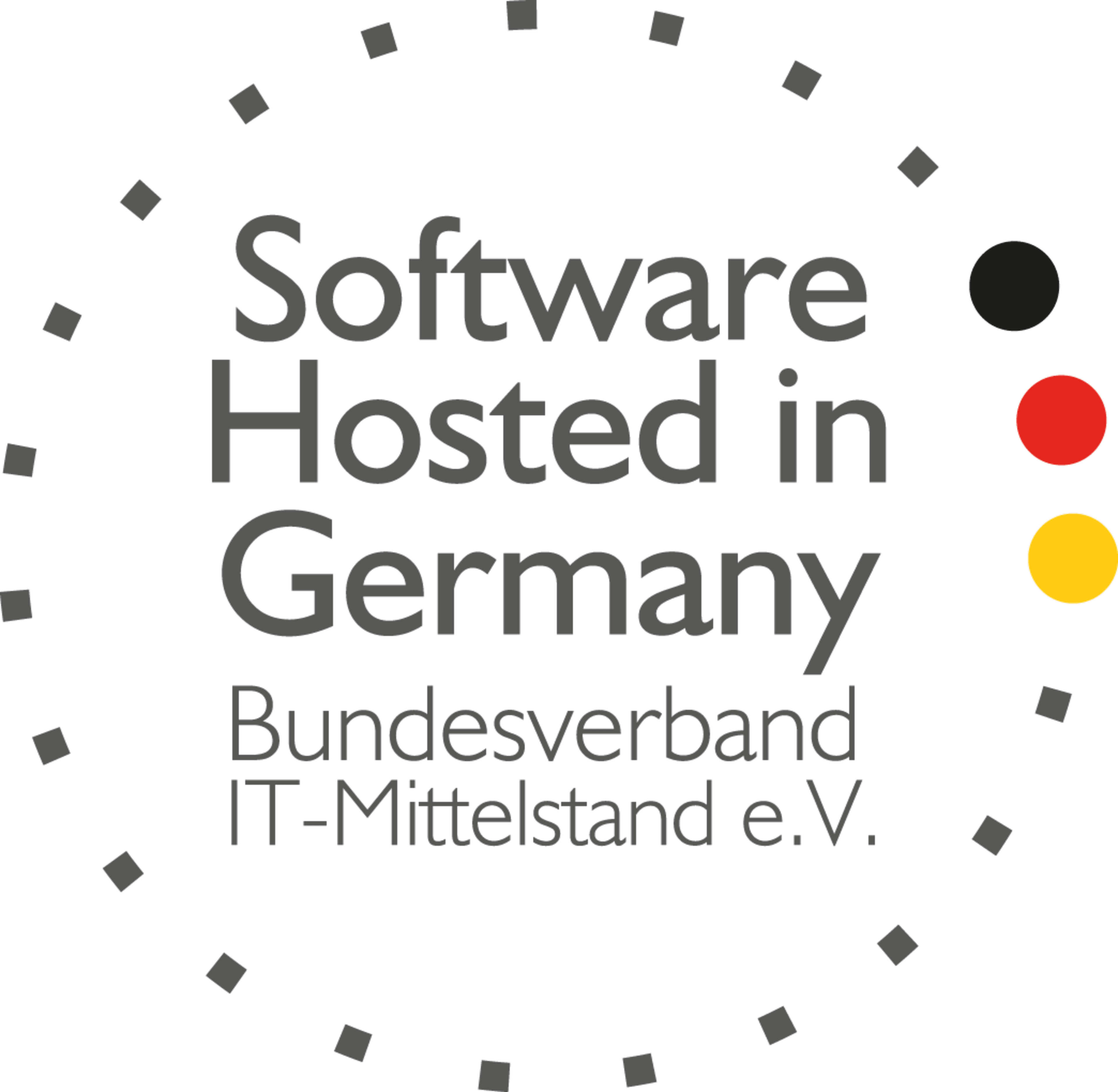 Das Logo „Software Hosted in Germany, Bundesverband IT-Mittelstand e.V.“ mit dem Text umgeben von kreisförmig angeordneten grauen Quadraten sowie drei Punkten in den Farben der deutschen Flagge.