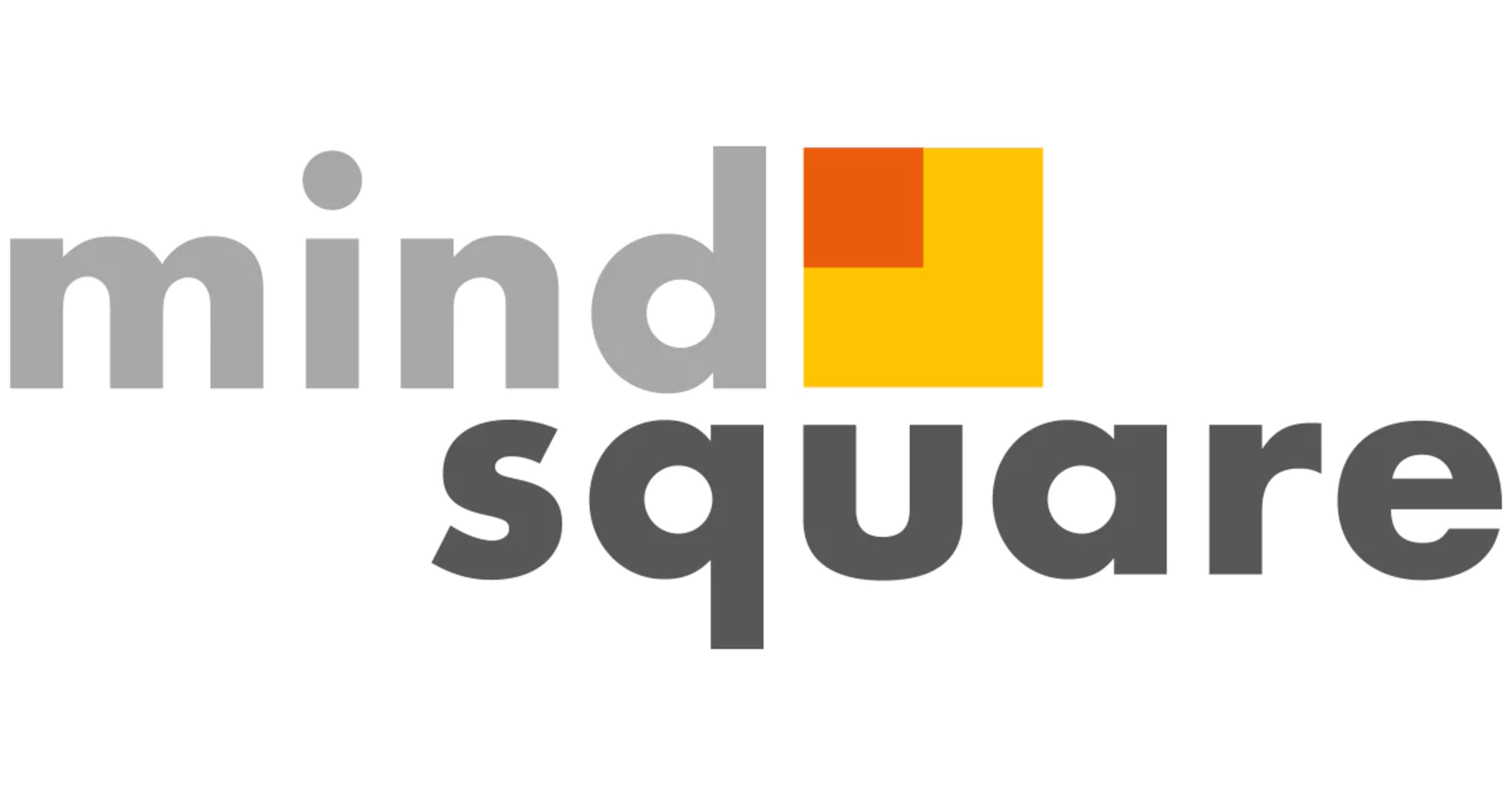 Das Bild zeigt das Logo von mindsquare, wobei das Wort „mind“ in einem helleren und das Wort „square“ in einem dunkleren Grauton gehalten ist. Ein gelbes und orangefarbenes Quadrat befindet sich an der Seite.