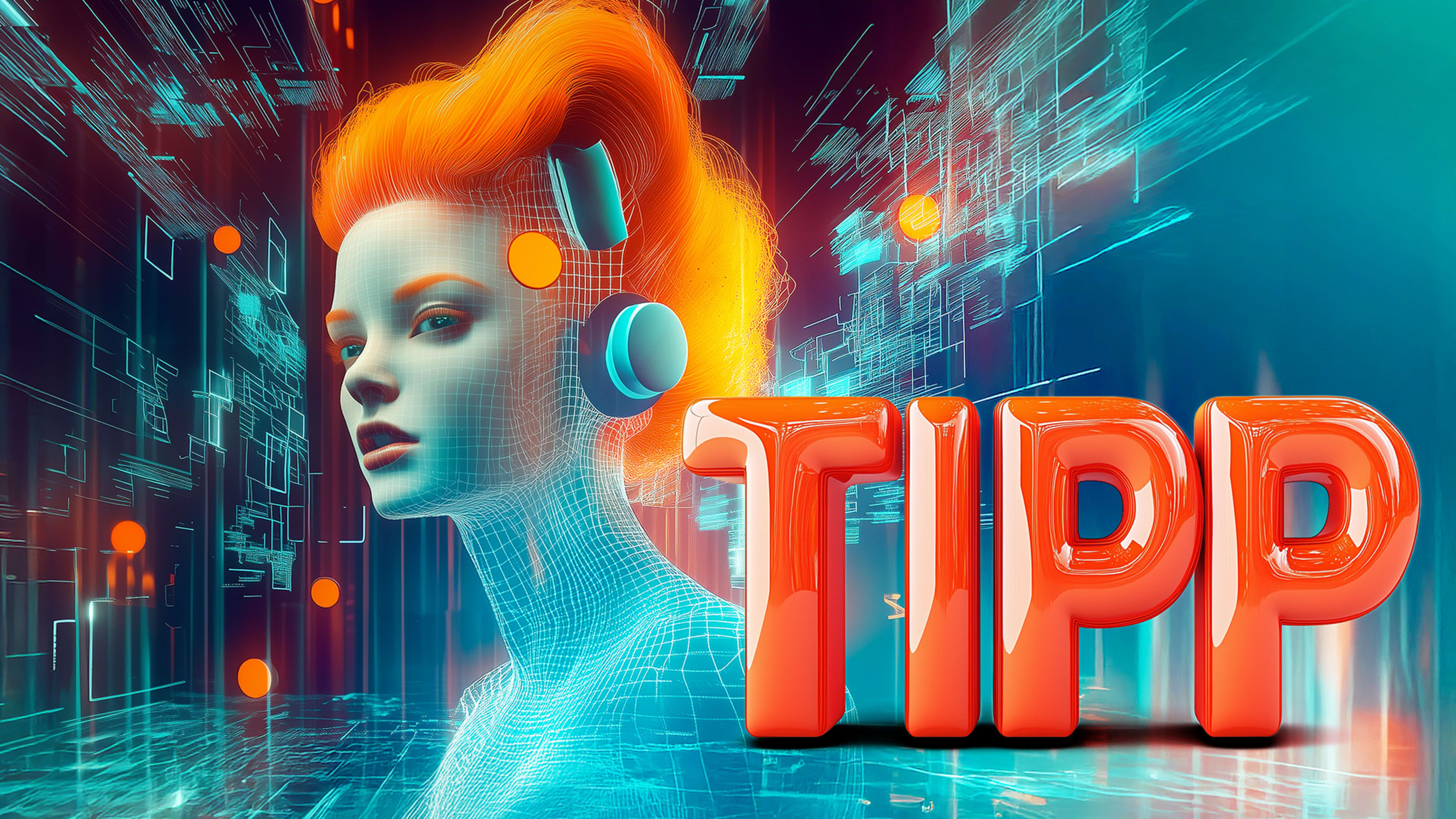 Eine Abbildung einer futuristisch aussehenden Frau mit leuchtend orangenen Haaren und technischen Applikationen am Kopf, vor einem blauen, abstrakten Hintergrund aus Linien und geometrischen Formen.