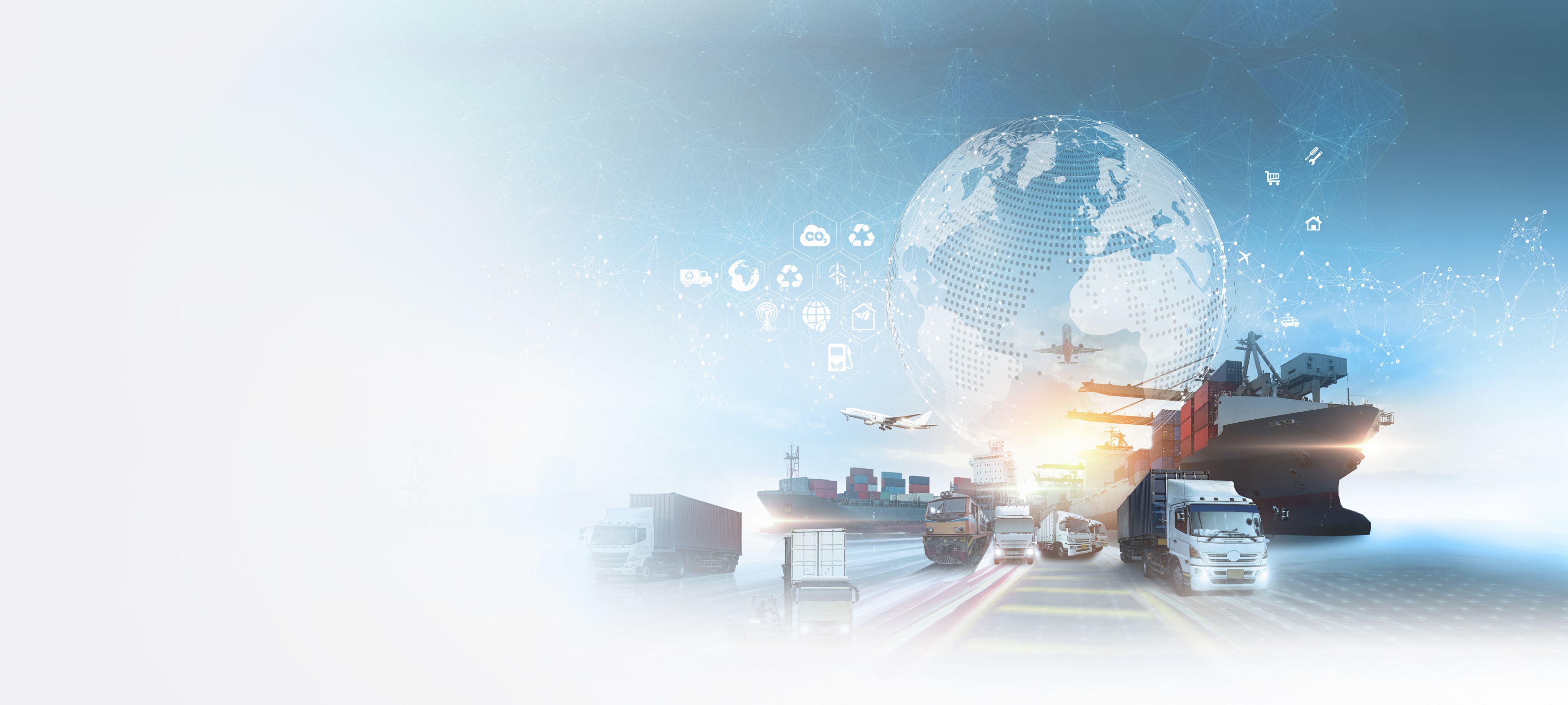 A futuristic image of a globe with various trucks, planes and cargo ships in front.