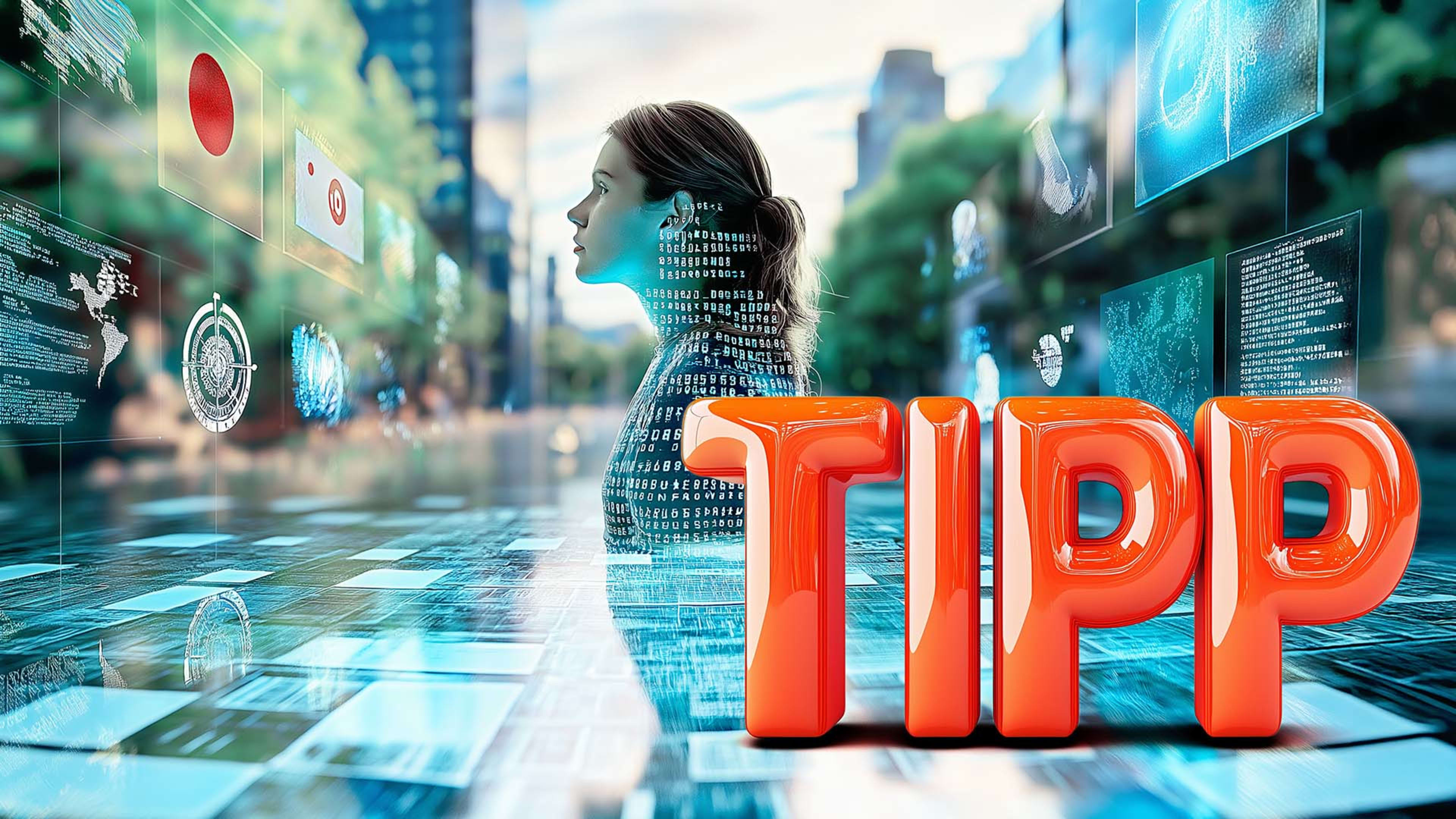 Eine Frau steht in einer futuristischen städtischen Umgebung, umgeben von digitalen Anzeigen und den großen Buchstaben „Tipp“ im Vordergrund.