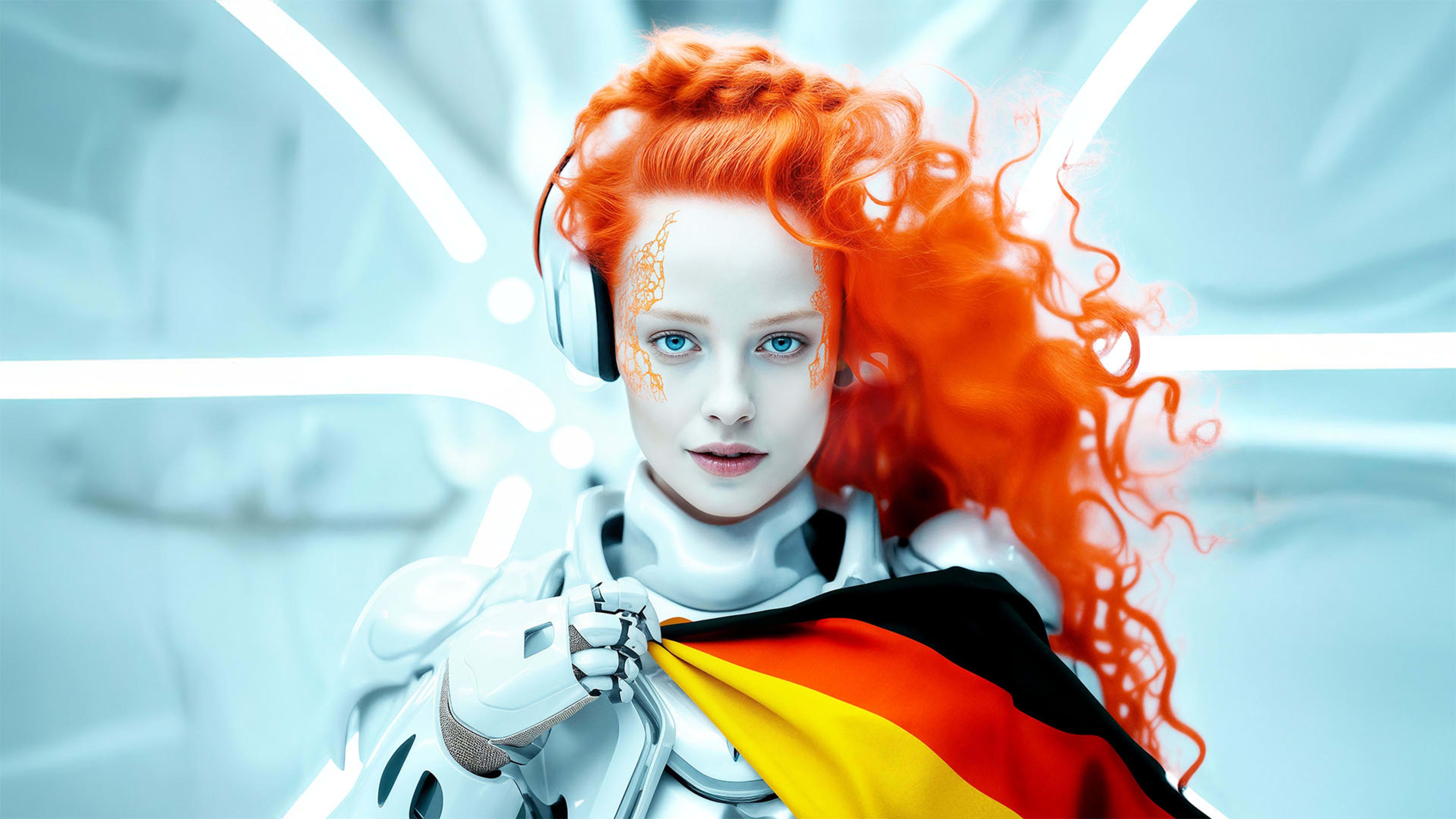 Eine Person mit leuchtend rotem, lockigem Haar, die Kopfhörer trägt und eine deutsche Flagge in der Hand hält, vor einem blau-weißen Hintergrund.