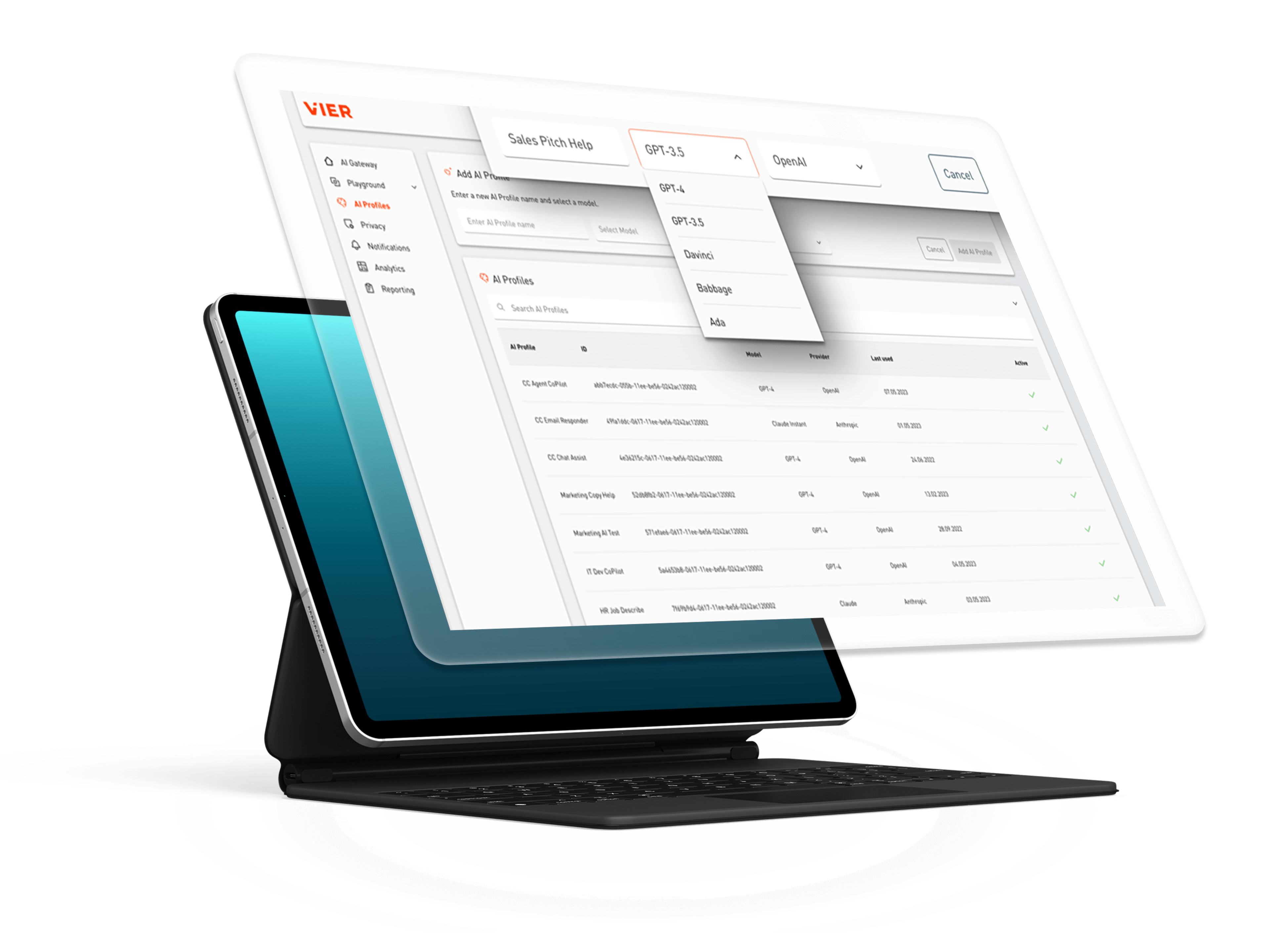 Ein Tablet mit Tastatur zeigt eine Software-Oberfläche mit Dropdown-Menüs und Daten in Tabellenform.