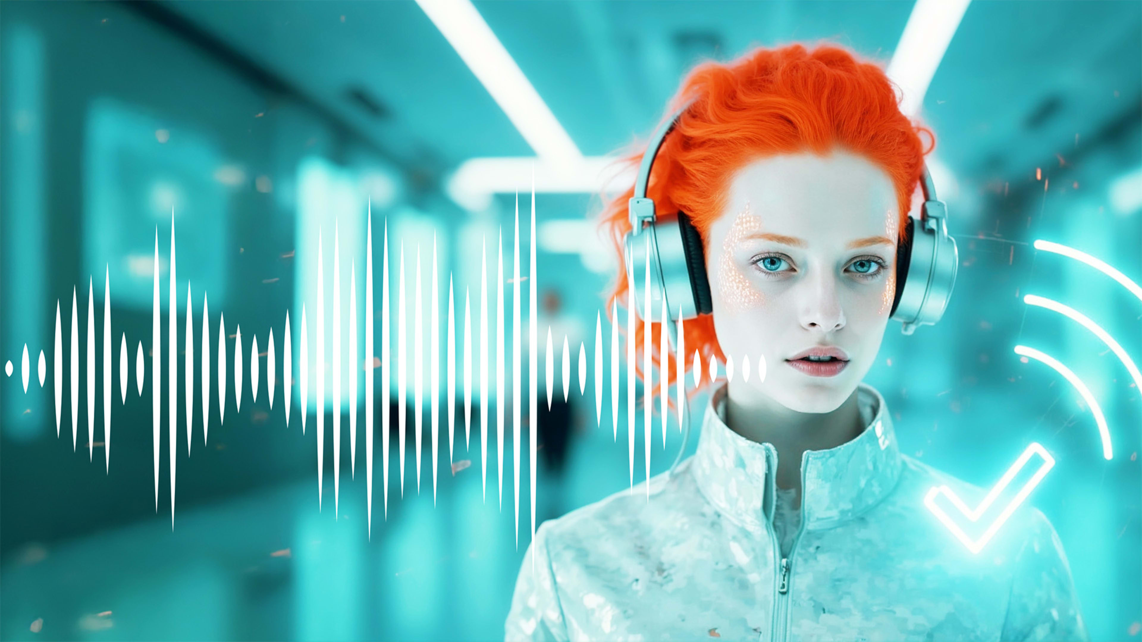 A young woman with vibrant red hair wearing headphones stands in a futuristic, neon-lit environment with abstract visual elements in the background.