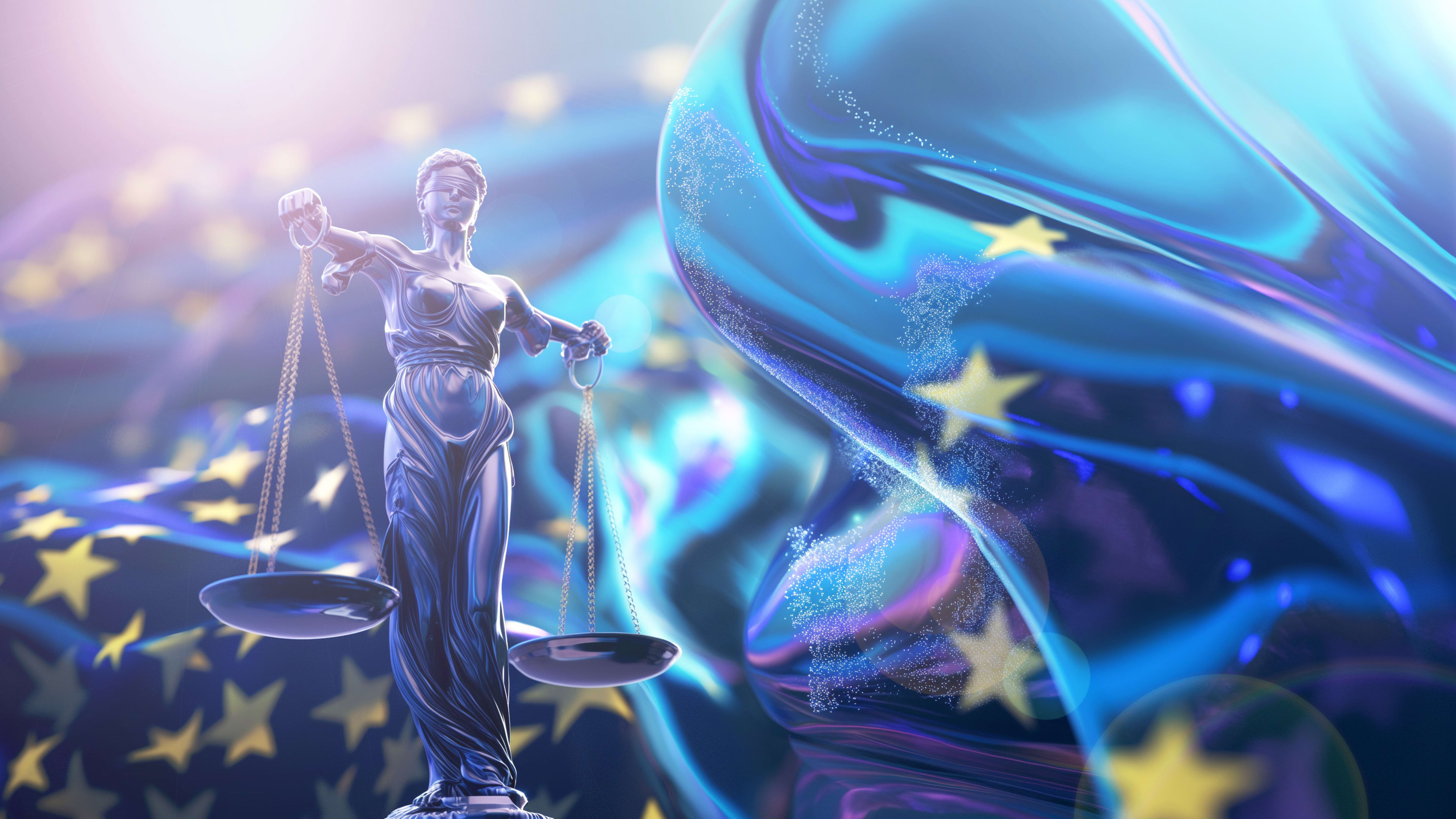 A statue of Lady Justice stands in the foreground, holding balanced scales, against a blue swirling background, with stars illustrating the flag of the European Union.