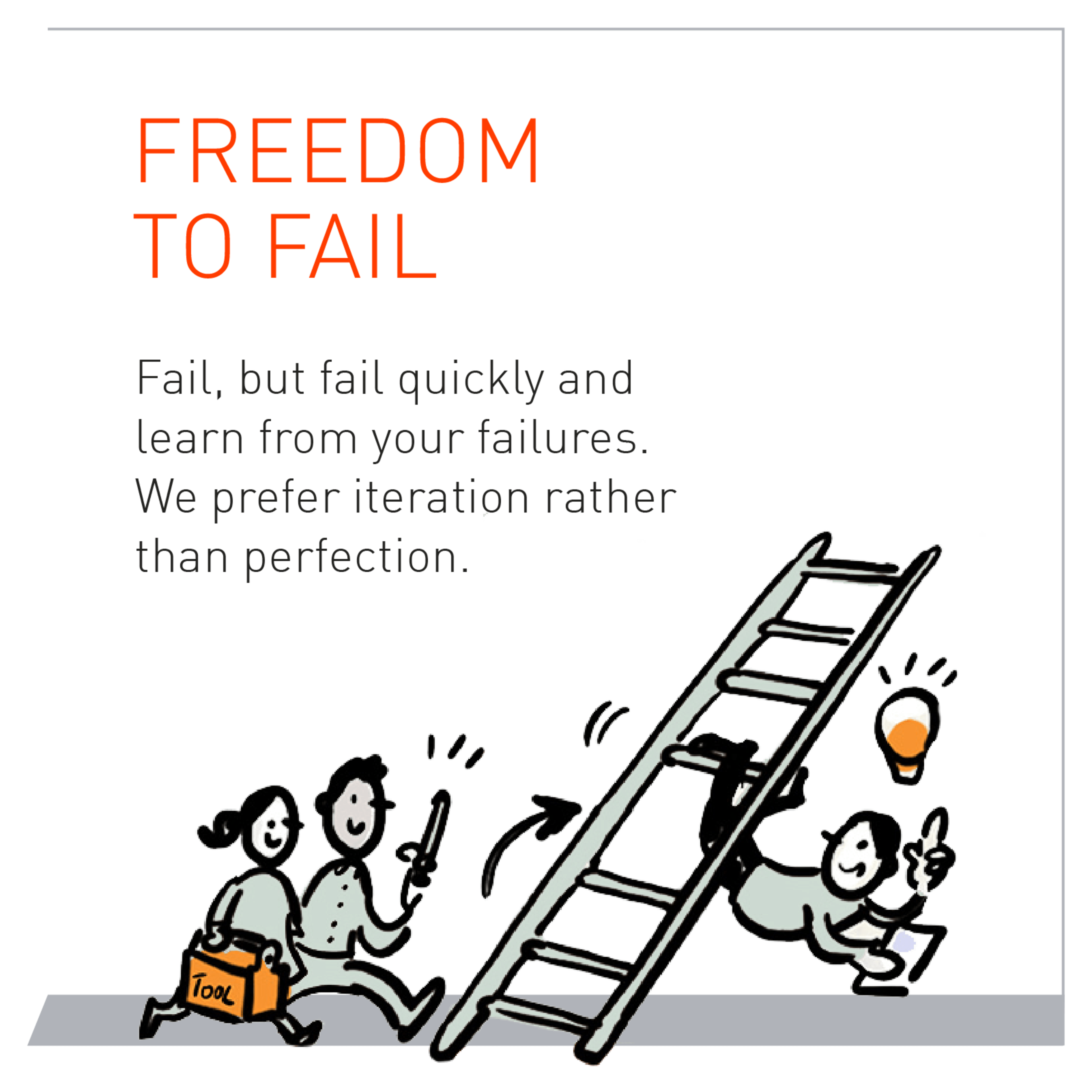 Fail, but fail quickly and learn from your failures. We prefer iteration rather than perfection.