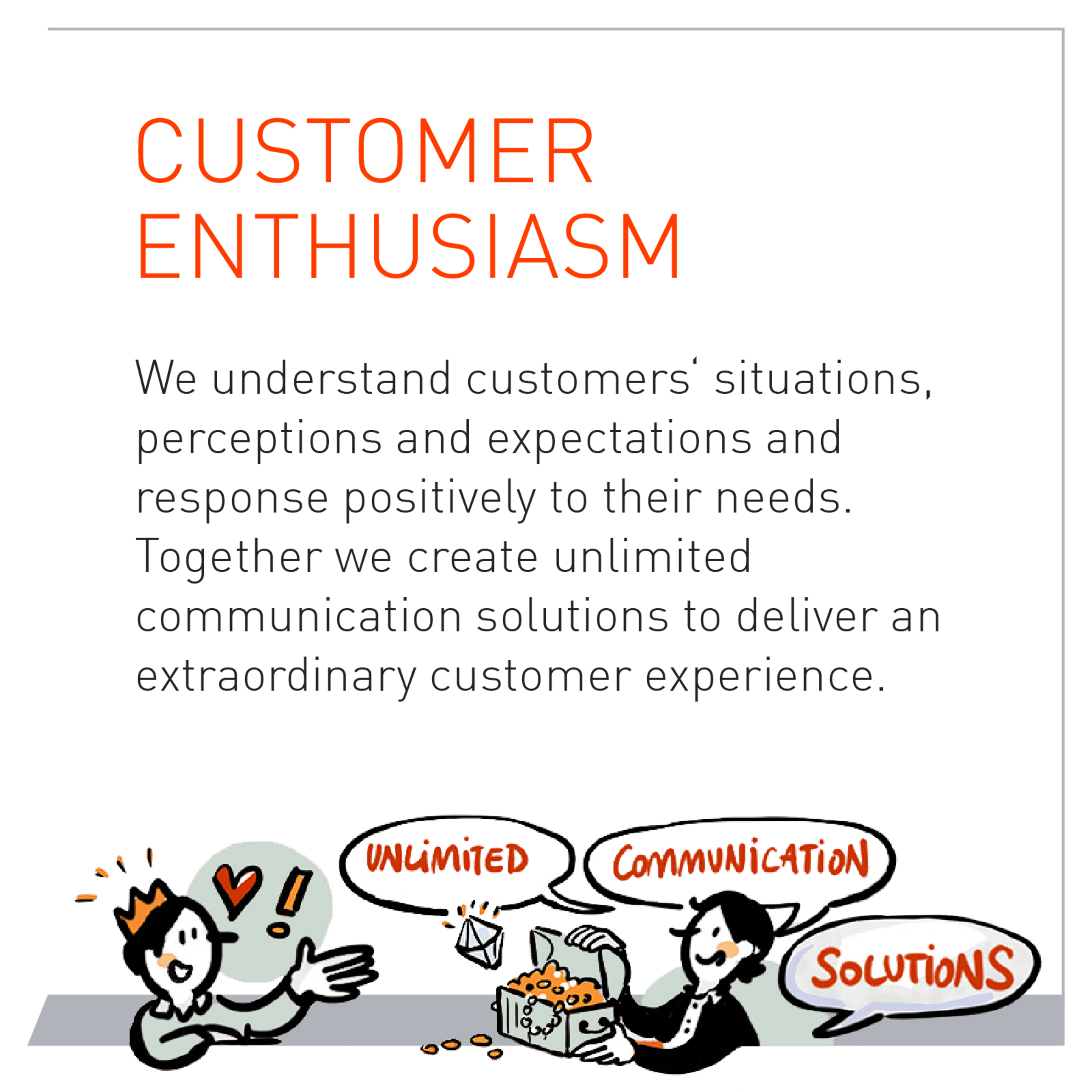 We understand customers' situations, perceptions and expectations and response positively to their needs. Together we create unlimited communication solutions to deliver an extraordinary experience.