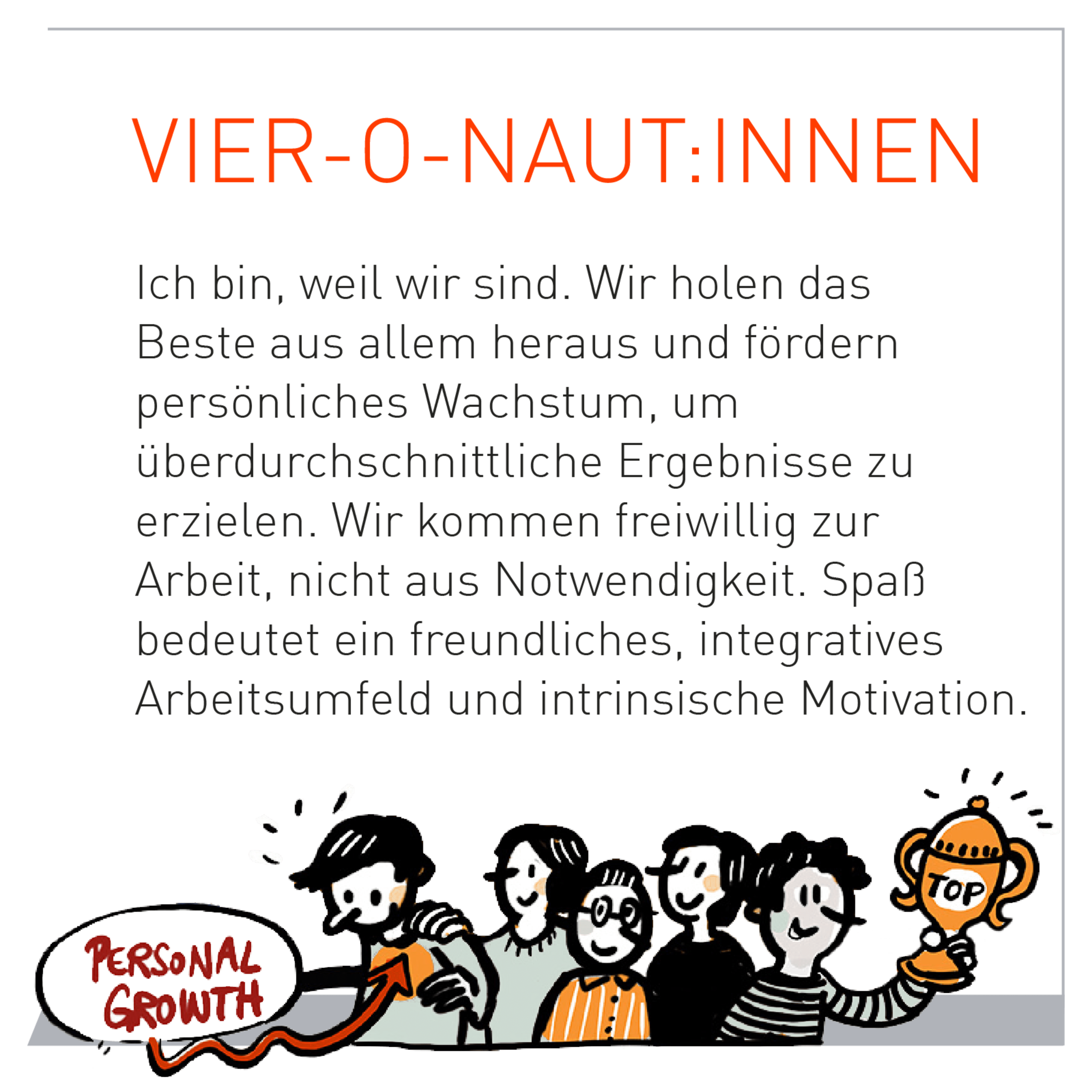 Ich bin, weil wir sind. Wir holen das Beste aus allem heraus und fördern persönliches Wachstum, um überdurchschnittliche Ergebnisse zu erzielen. Wir kommen freiwillig zur Arbeit, nicht aus Notwendigkeit. Spaß bedeutet ein freundliches, integratives Arbeitsumfeld und intrinsische Motivation.