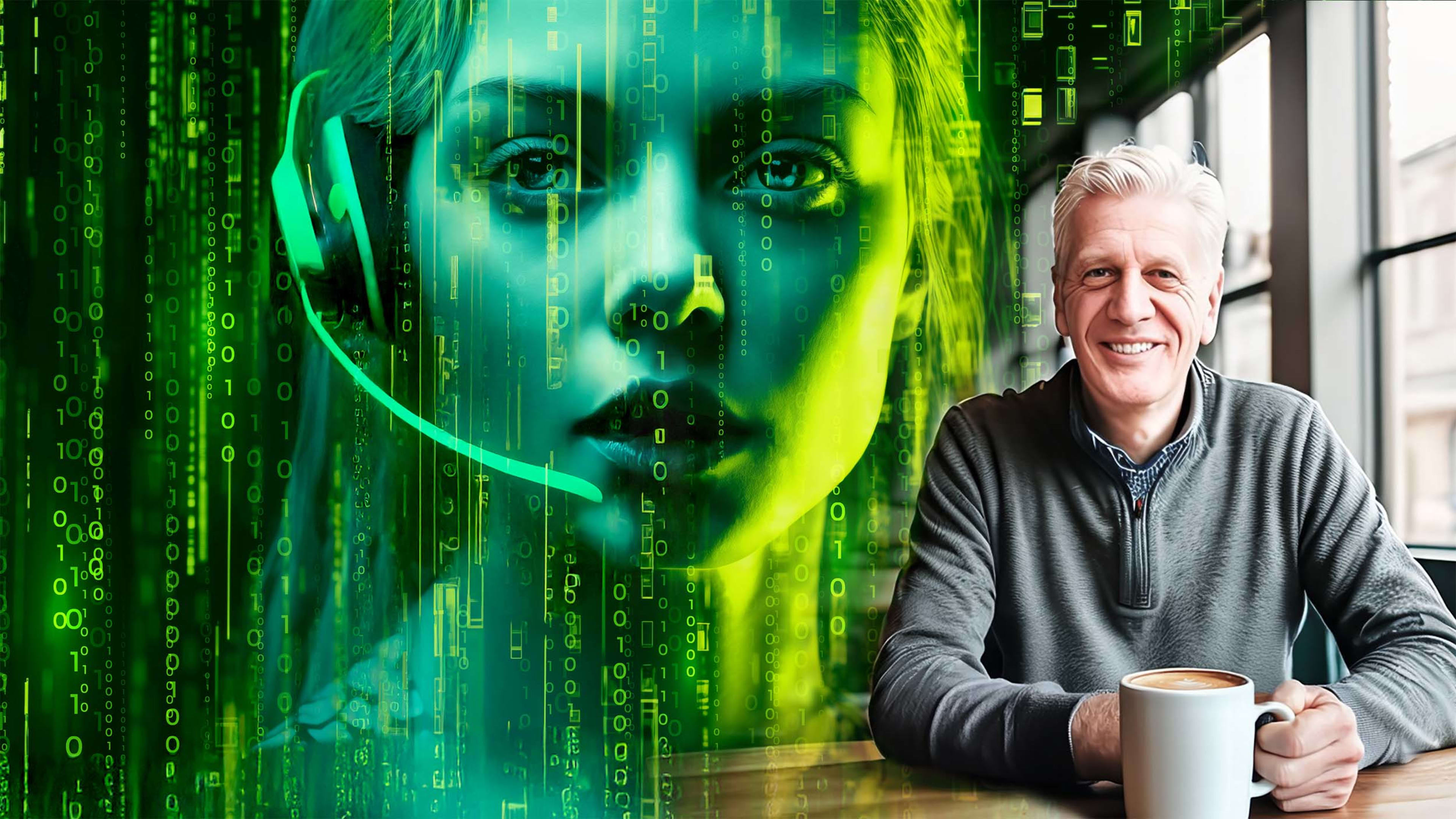 The image features a smiling older man holding a coffee mug in the foreground, with a large digital face in the green background, overlaid by binary code.
