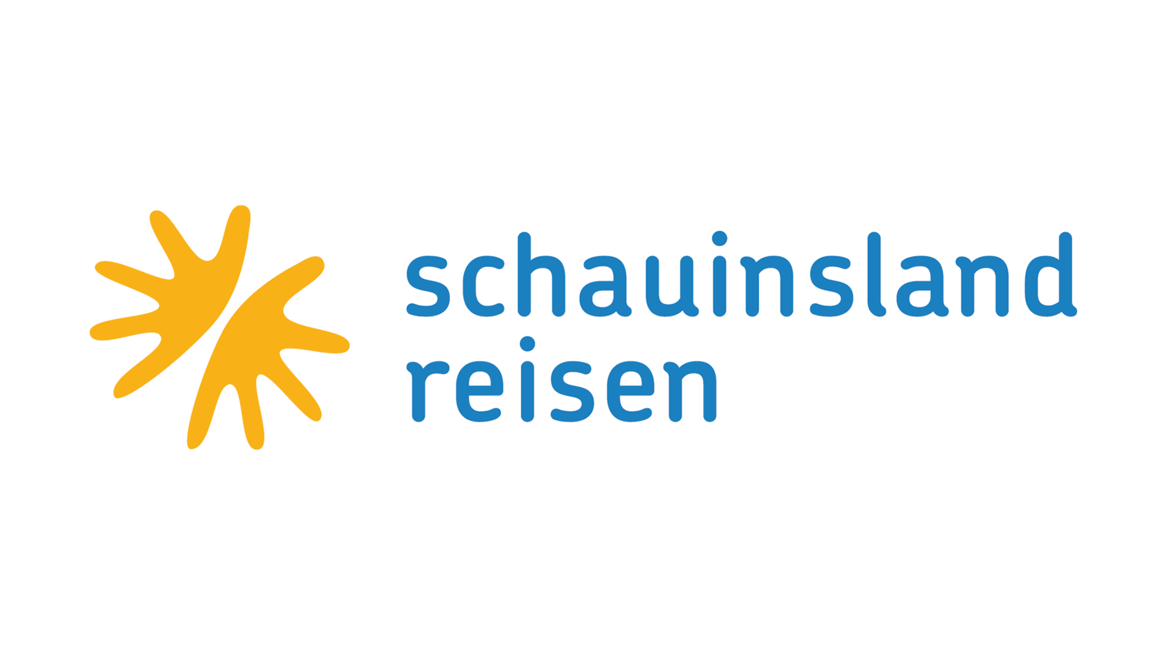 Das Bild zeigt das Logo von „schauinsland reisen“ mit einem sonnenähnlichen Symbol in gelber Farbe und dem Firmennamen in blauer Schrift.