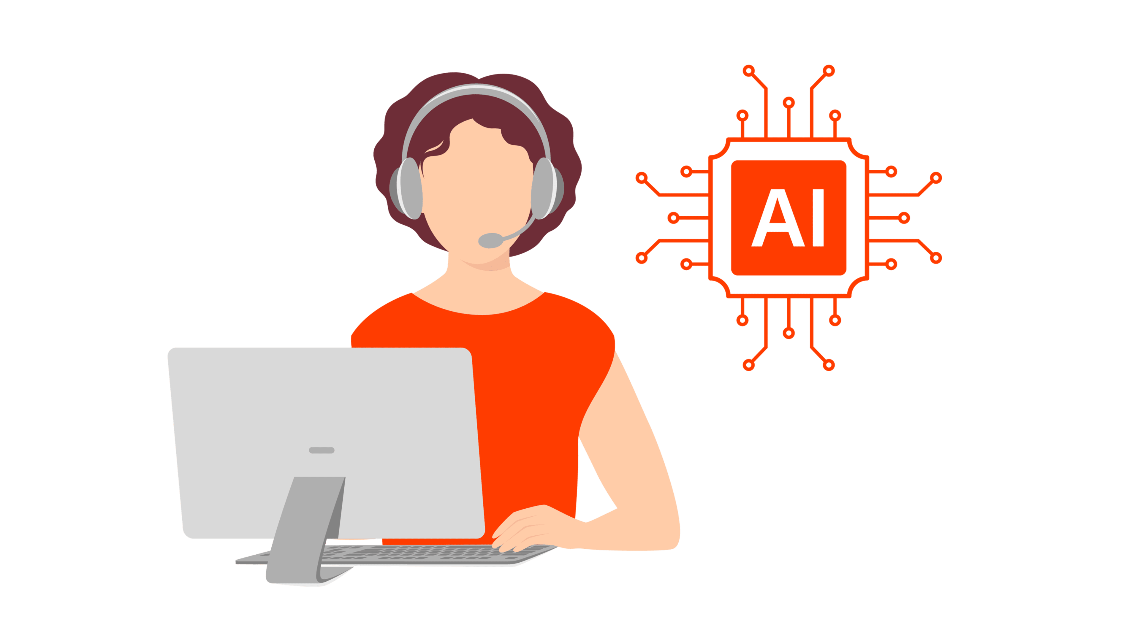 The image depicts a person wearing a red shirt and working on a computer, with an AI symbol in the background.