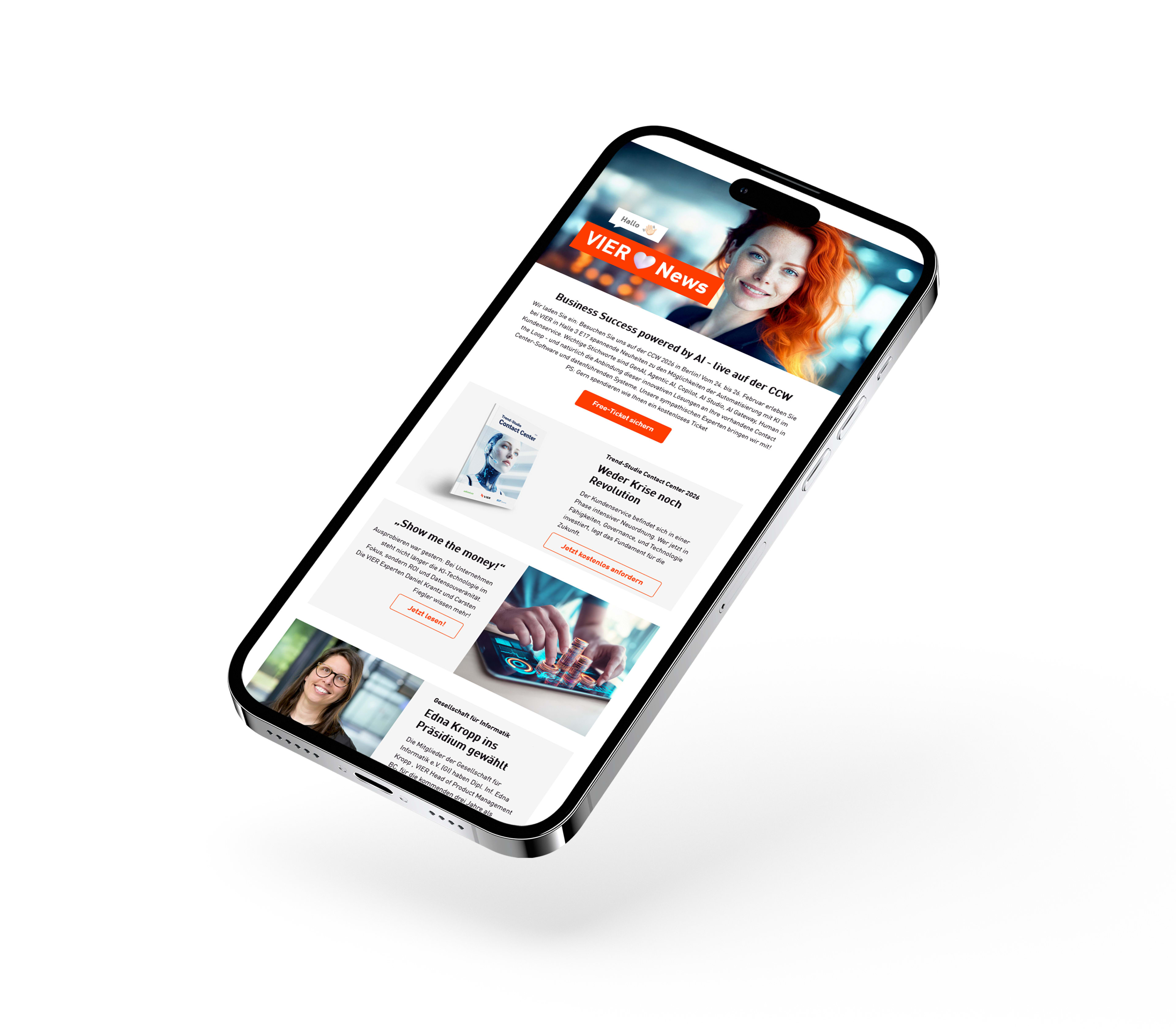 Das Bild zeigt ein Smartphone, auf dem ein Ausschnitt des VIER Newsletters "VIER liebt News" abgebildet ist.