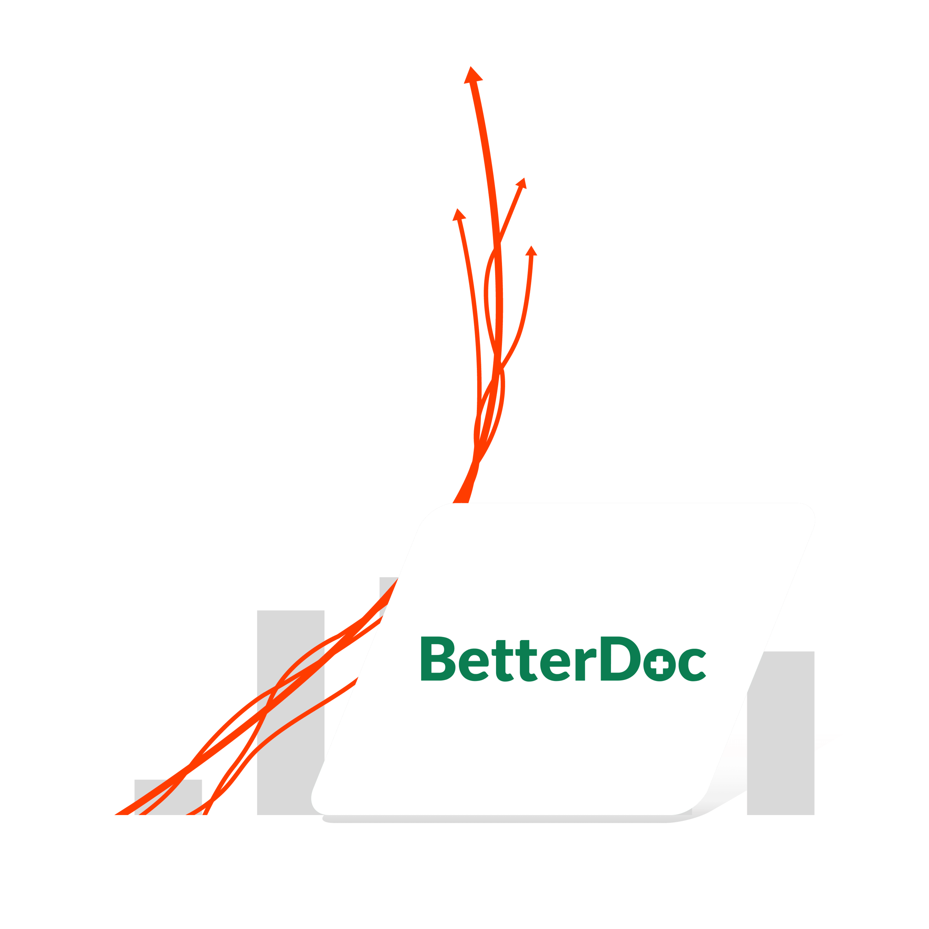 BetterDoc-Logo in einer weißen Raute, hinter dem Logo mehrere orangefarbene, nach oben zeigende Pfeillinien.