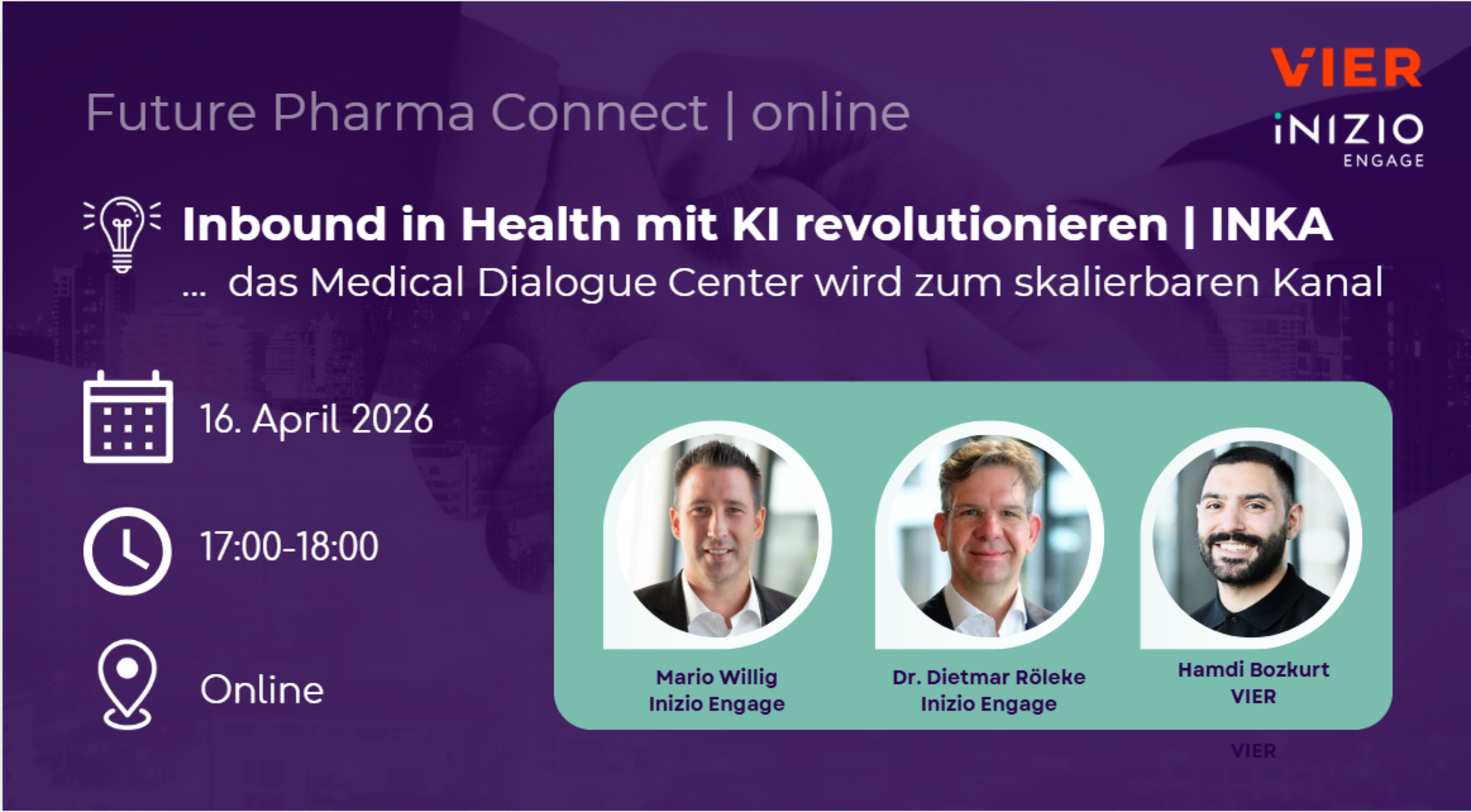 The image features three headshot portraits of individuals, along with text describing an online event titled "Future Pharma Connect | online" and "Inbound in Health mit KI revolutionieren | INKA". The background is a solid purple color.