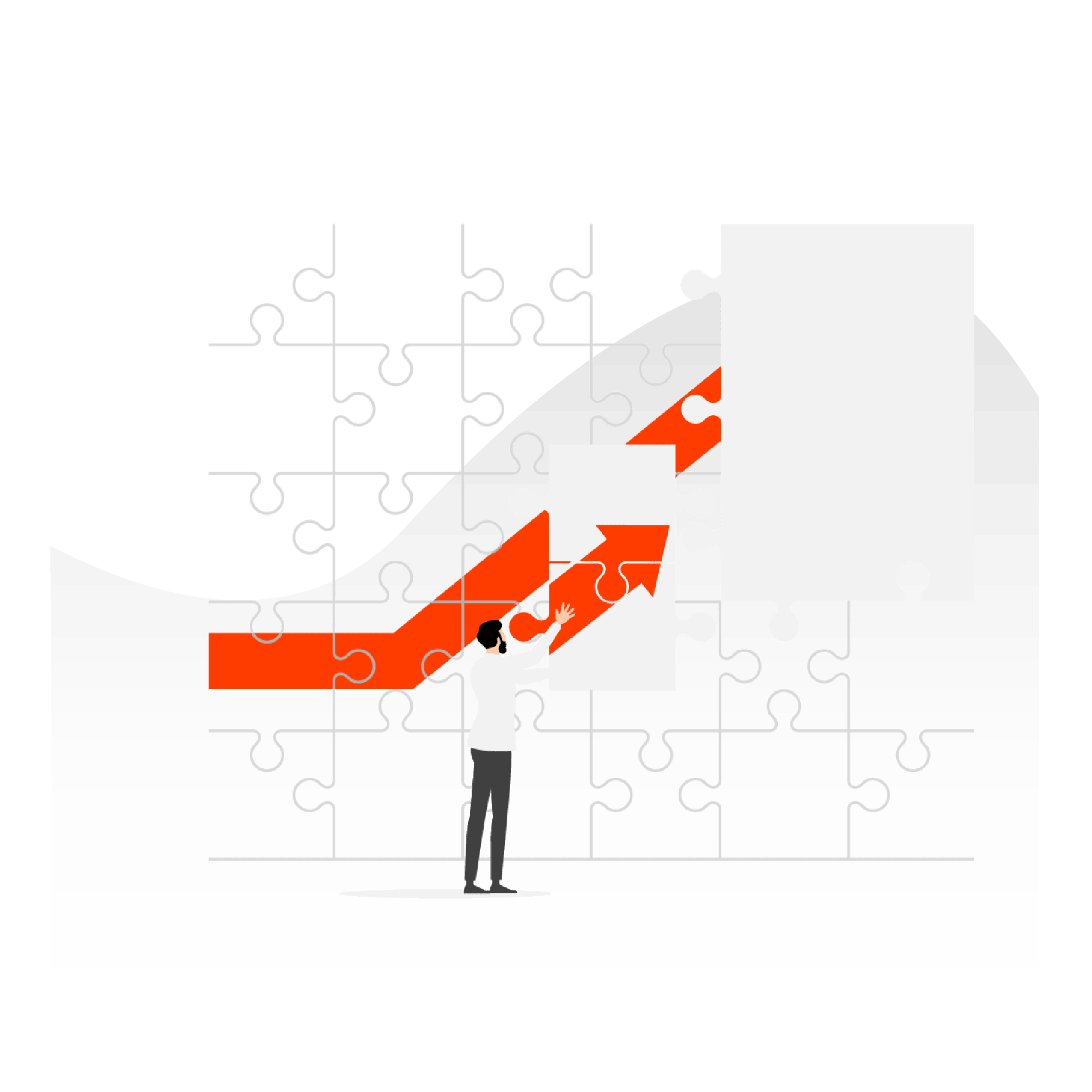 Im Vordergrund steht eine Person, die ein großes rotes, pfeilförmiges Puzzleteil in der Hand hält, das nach oben zeigt, vor einem Hintergrund aus kleineren weißen Puzzleteilen.