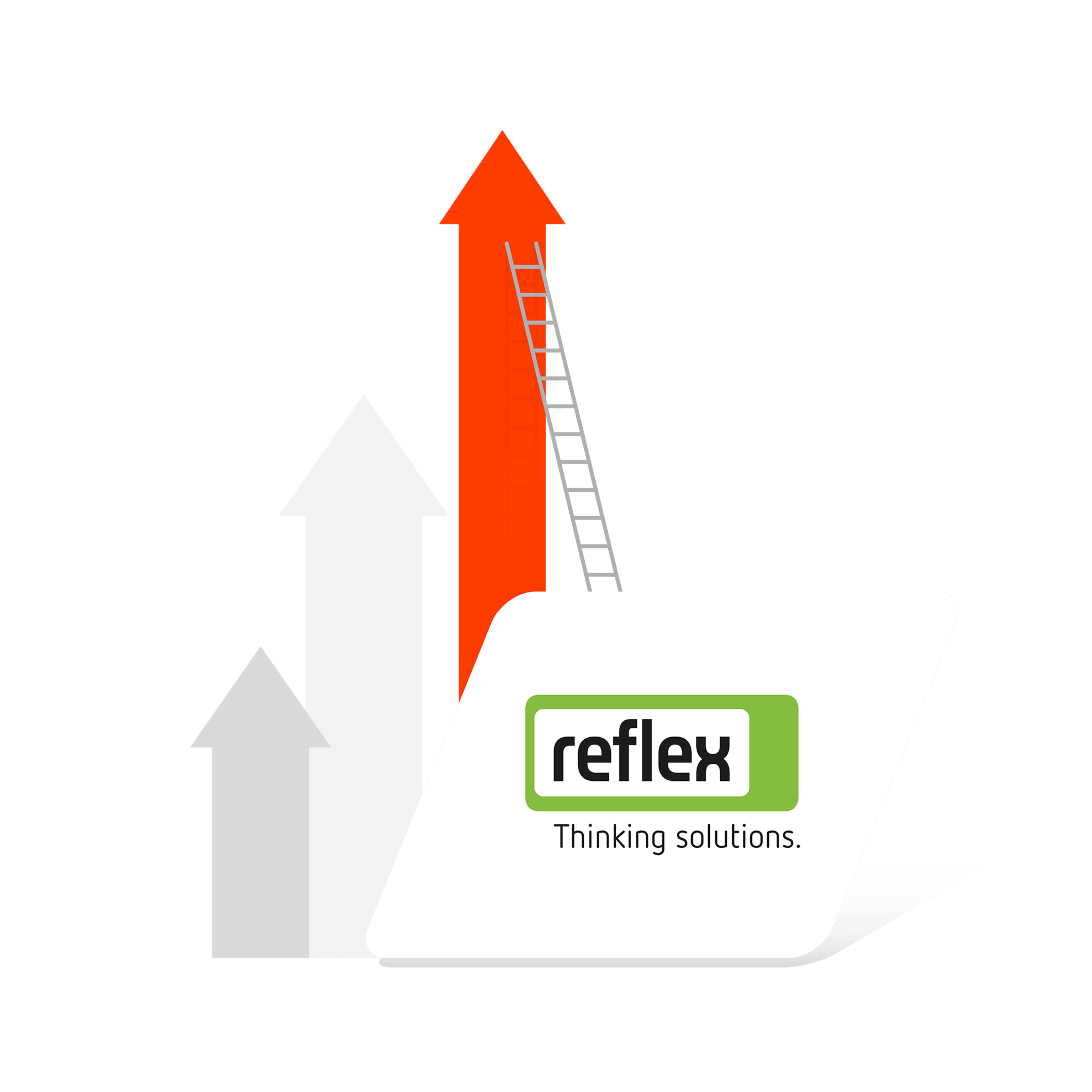 Reflex Winkelmann logo in a white diamond shape. Behind it are an orange and two gray arrows pointing upward, with a ladder leaning against the orange arrow.