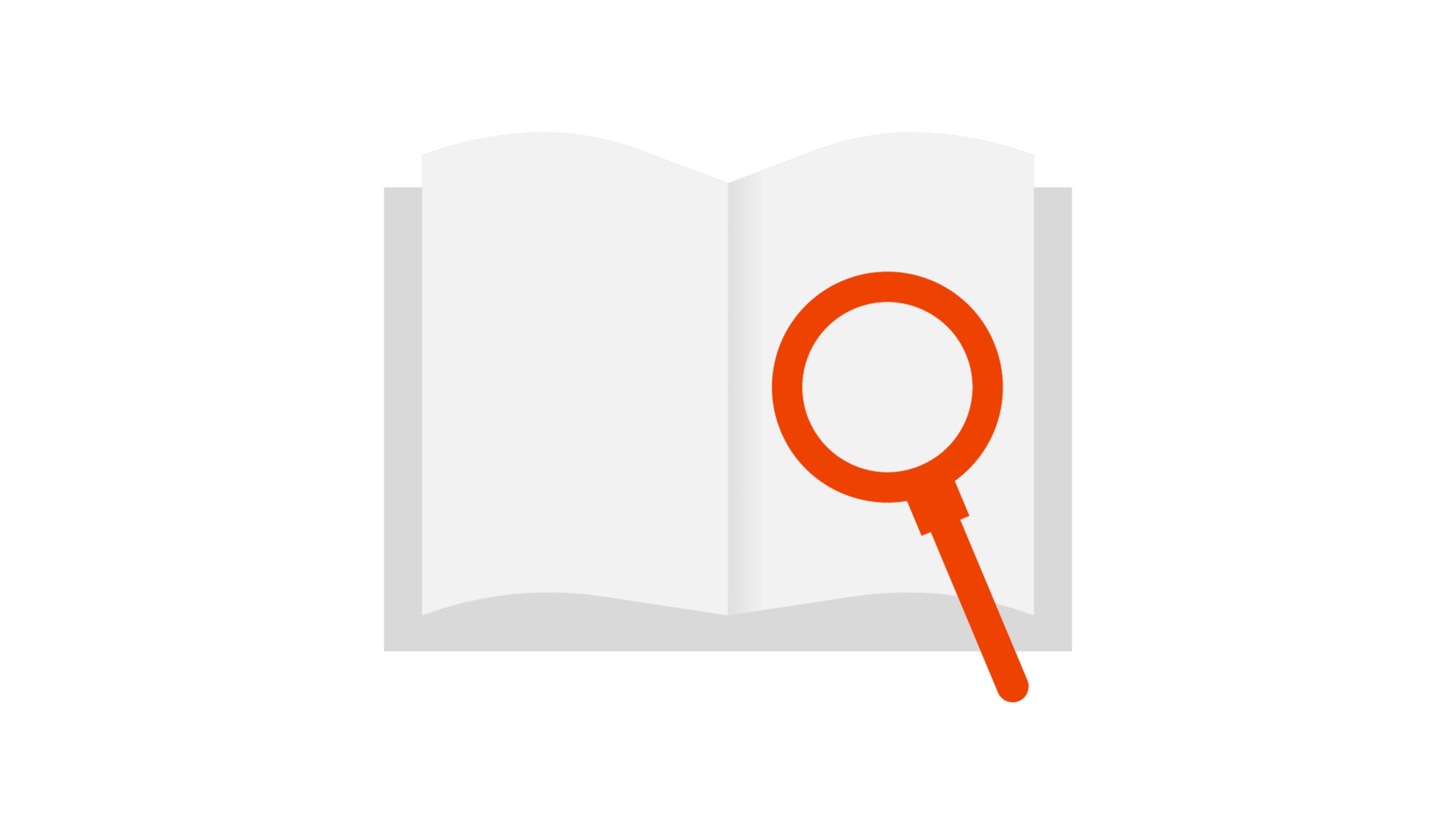 Ein aufgeschlagenes Buch mit einer orangen Lupe auf der rechten Seite.