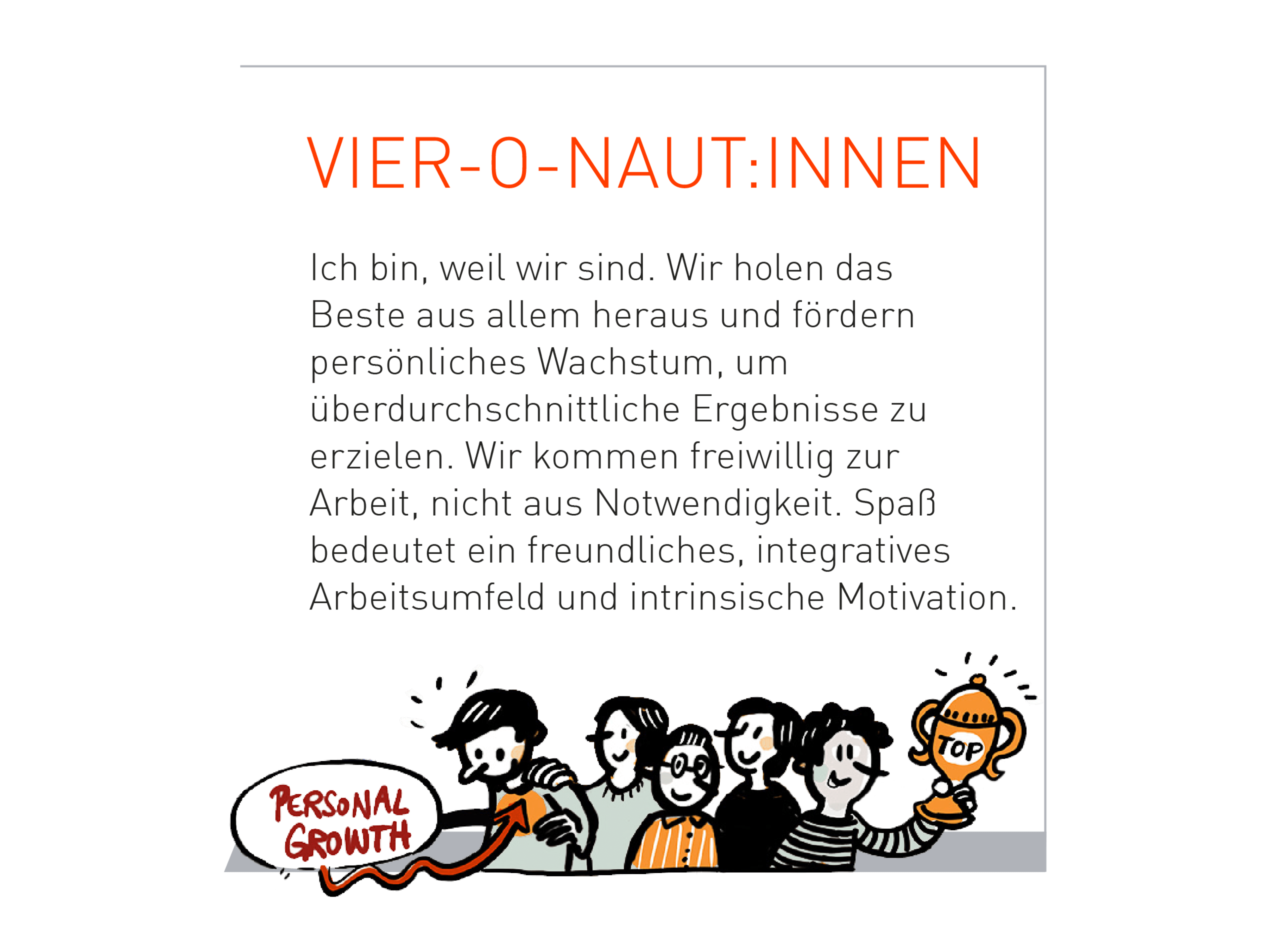 Ich bin, weil wir sind. Wir holen das Beste aus allem heraus und fördern persönliches Wachstum, um überdurchschnittliche Ergebnisse zu erzielen. Wir kommen freiwillig zur Arbeit, nicht aus Notwendigkeit. Spaß bedeutet ein freundliches, integratives Arbeitsumfeld und intrinsische Motivation.