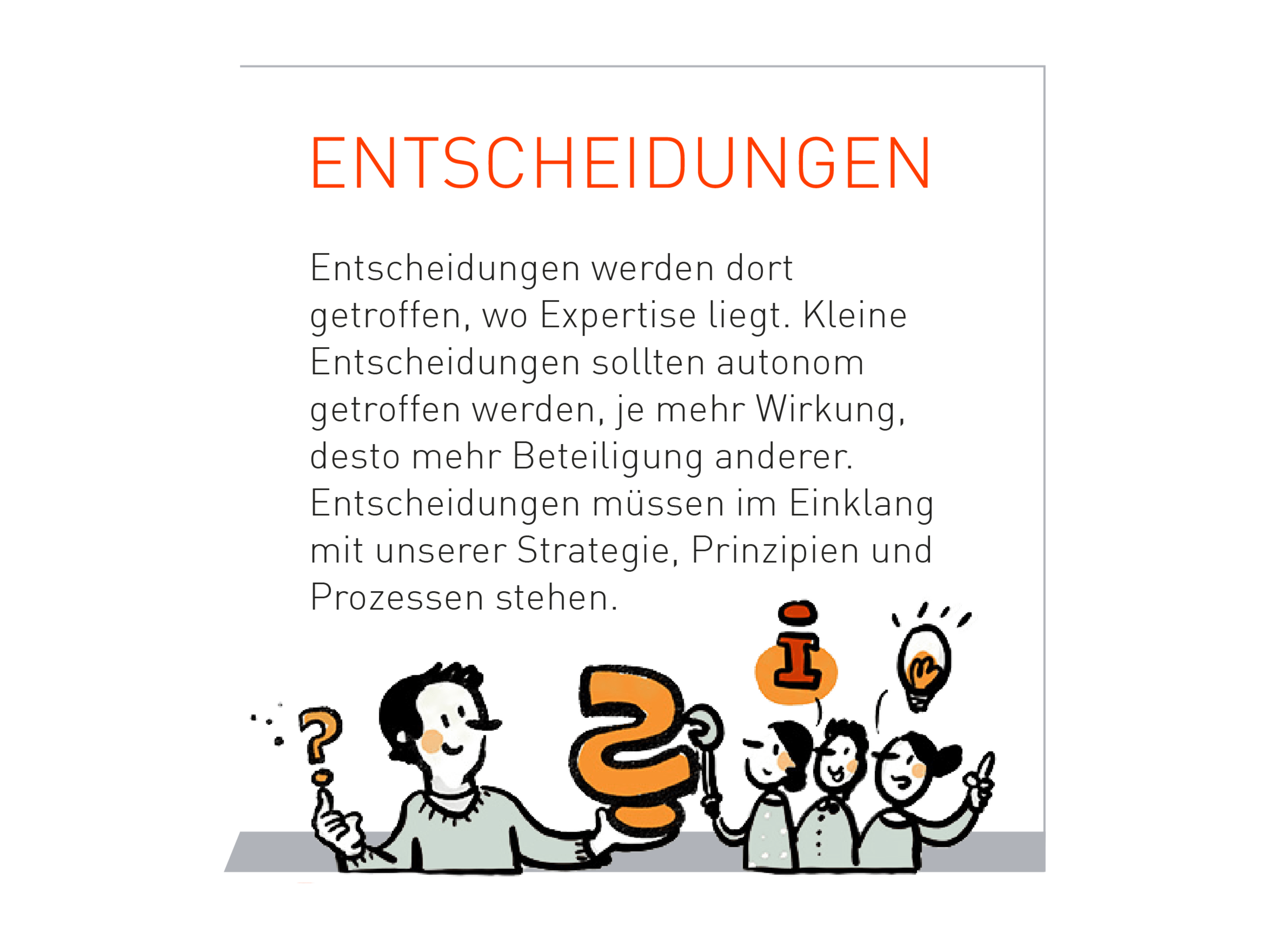 Entscheidungen werden dort getroffen, wo Expertise liegt. Kleine Entscheidungen sollten autonom getroffen werden, je mehr Wirkung, desto mehr Beteiligung anderer. Entscheidungen müssen im Einklang mit unserer Strategie, Prinzipien und Prozessen stehen.