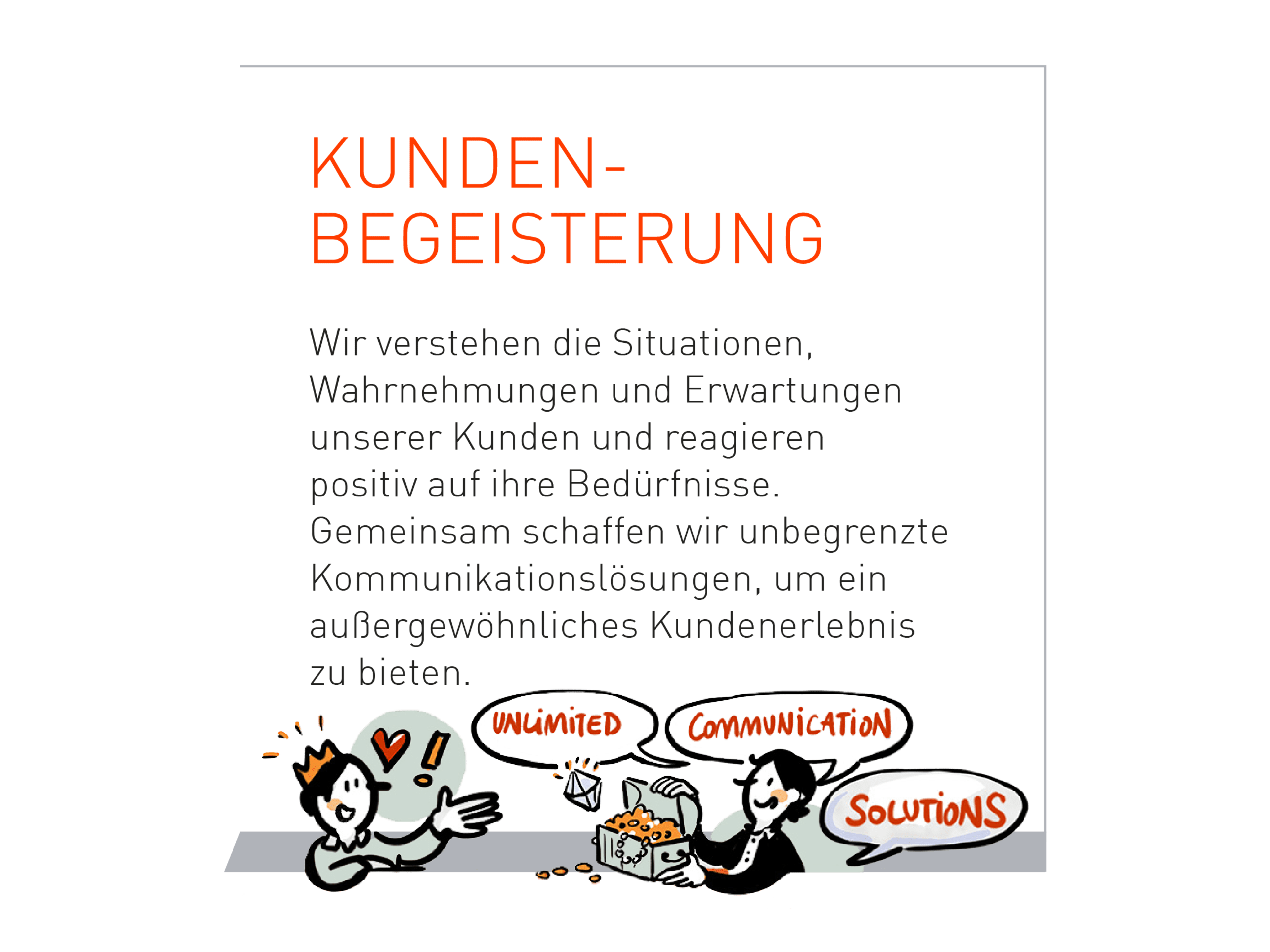 Wir verstehen die Situationen, Wahrnehmungen und Erwartungen unserer Kunden und reagieren positiv auf ihre Bedürfnisse. Gemeinsam schaffen wir unbegrenzte Kommunikationslösungen um ein außergewöhnliches Kundenerlebnis zu bieten.