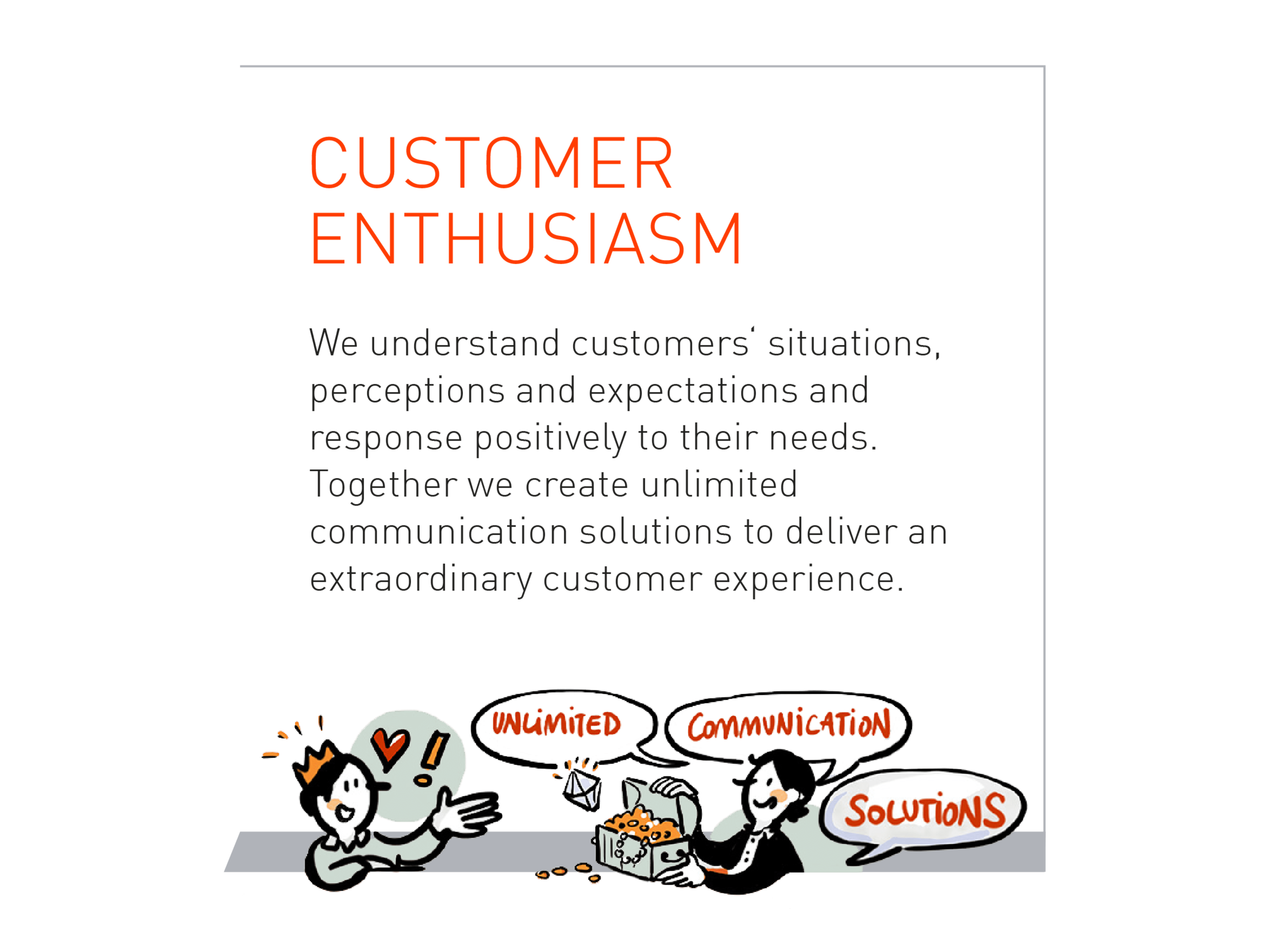 We understand customers' situations, perceptions and expectations and response positively to their needs. Together we create unlimited communication solutions to deliver an extraordinary experience.